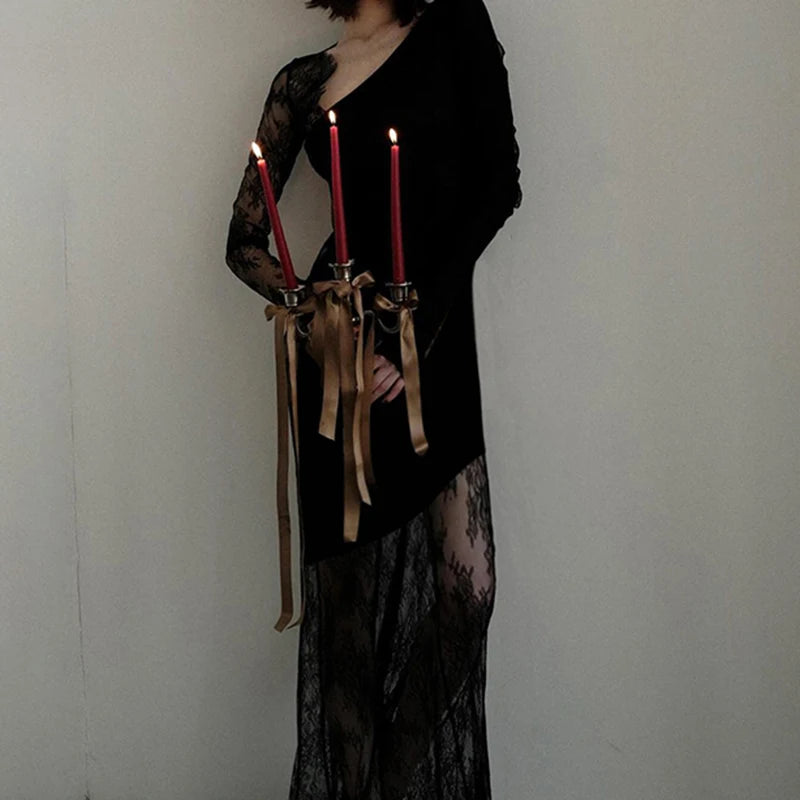 Asymmetrical Black Lace Dress for Women - Elegant Sexy Long Prom Evening Gown with Sheer Details, Perfect for Parties, Weddings & Summer Night Outfits