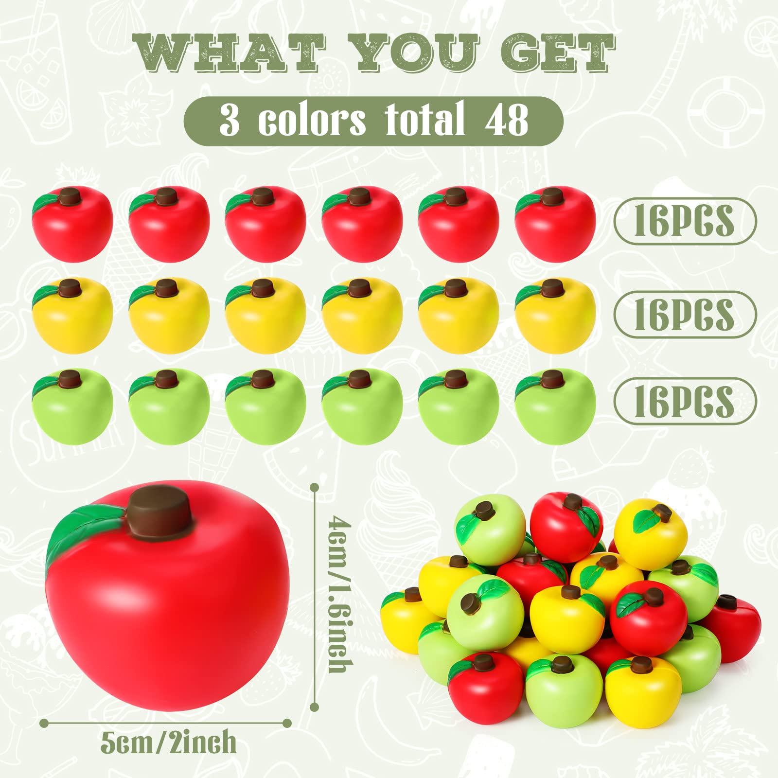 48-Piece Fruit Stress Ball Set - Red, Green & Yellow Stress Relief Balls for Finger Exercise, Anxiety Relief & Sensory Play - Perfect for School Carnivals, Party Favors, Office Stress Relief & Classroom Rewards (Classic Style)