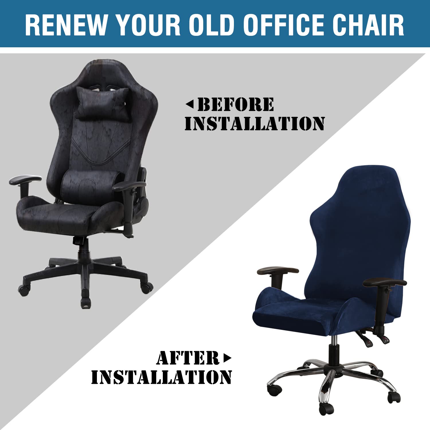 H.VERSAILTEX Velvet Gaming Chair Cover Set - 2 Piece Stretchable Office & Computer Chair Covers for Reclining Racing Gamer Chairs, Armchair Protector (Navy) - Perfect for Home Office, Gaming Setup & Workspace Decor