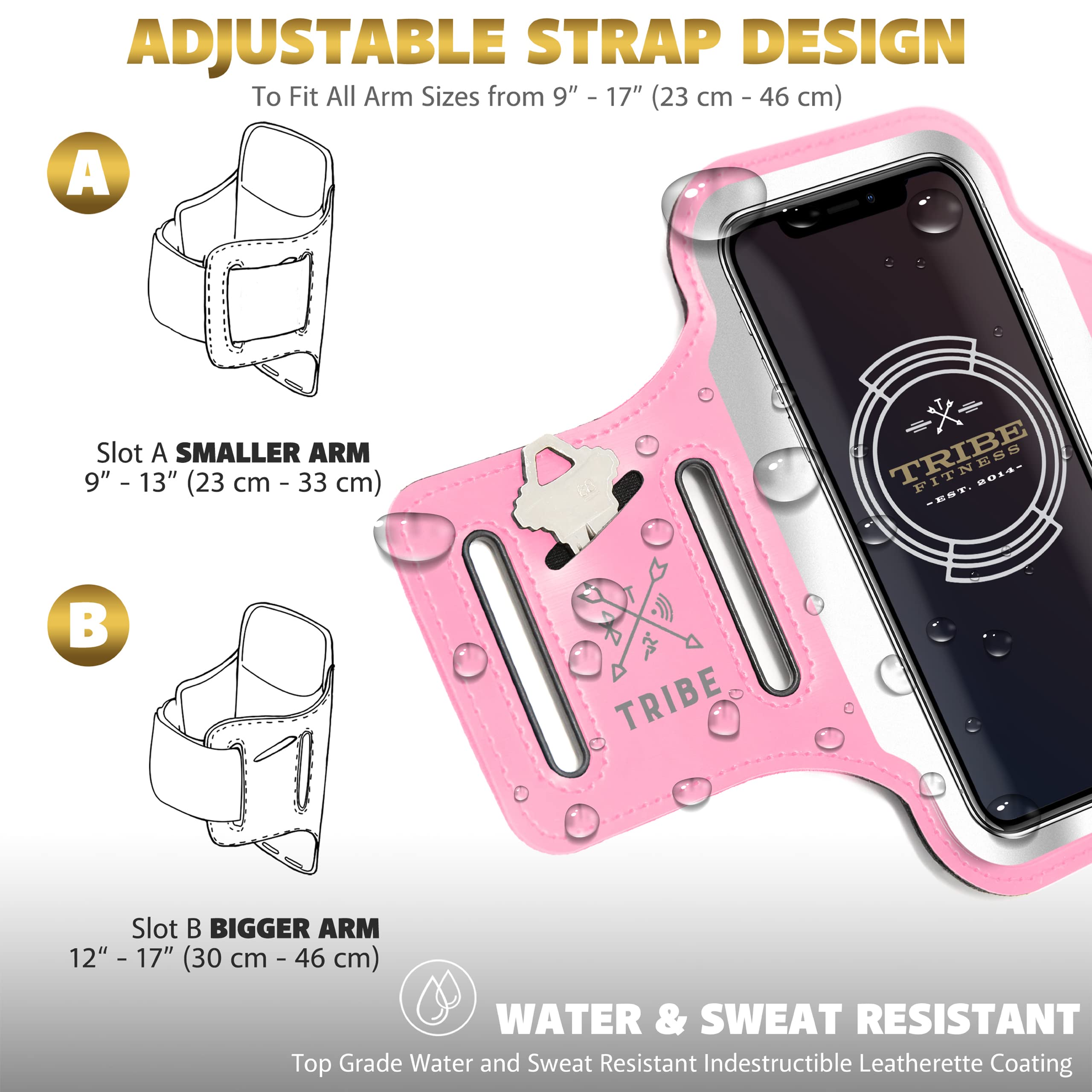 TRIBE Running Phone Holder Armband for iPhone & Galaxy - Adjustable Sports Armband for Women & Men - Perfect for Running, Jogging, Walking, Gym Workouts - Fits All Smartphones with CC/Key Pocket - Stay Active Hands-Free with Secure Phone Storage