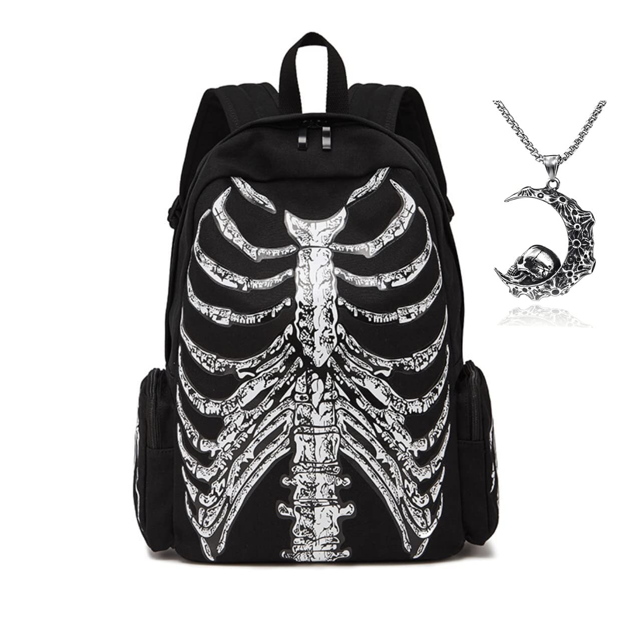 Gothic Black Y2K Fashion Skeleton Backpack for Women & Men - Gothic Jewelry Decorated Travel Backpack for School, College, Work, Picnic, Halloween Party & Daily Use