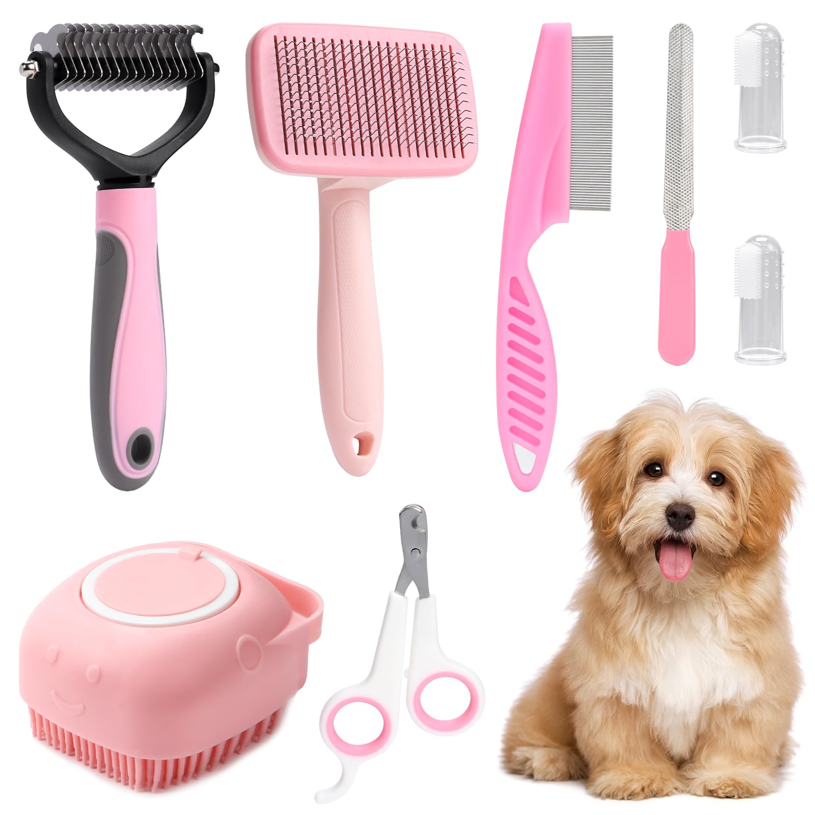VCZONE 8 Pcs Dog Grooming Kit with Self Cleaning Tools - Professional Nail Clippers, Flea Comb, Shampoo Brush, Shedding Brush, Dematting Comb & Silicone Toothbrush for Small to Large Dogs (Pink) - Perfect for Home Pet Care, Bathing, and Coat Maintenance