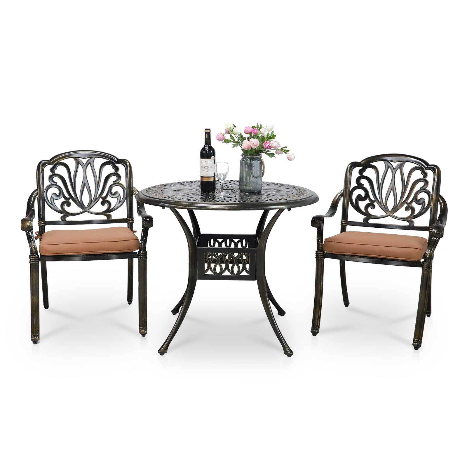 VIVIJASON 3-Piece All-Weather Cast Aluminum Outdoor Bistro Set with 2 Cushioned Chairs & 35.4