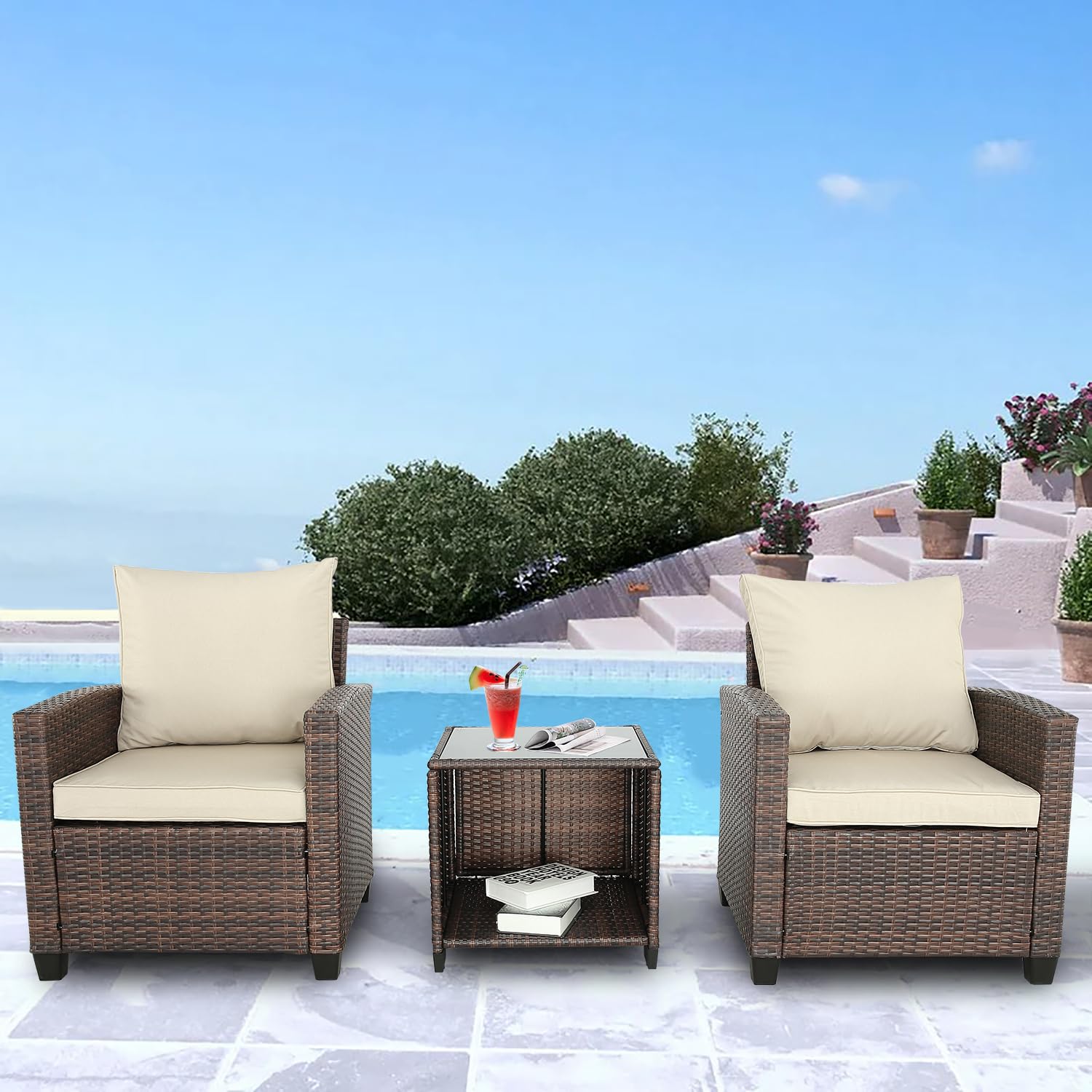3-Piece Patio Furniture Set - PE Rattan Wicker Outdoor Sofa with Washable Cushions & Tempered Glass Table - Perfect for Balcony, Garden, Poolside (Brown-Gray) | Durable Weather-Resistant Outdoor Seating for Relaxation & Entertainment