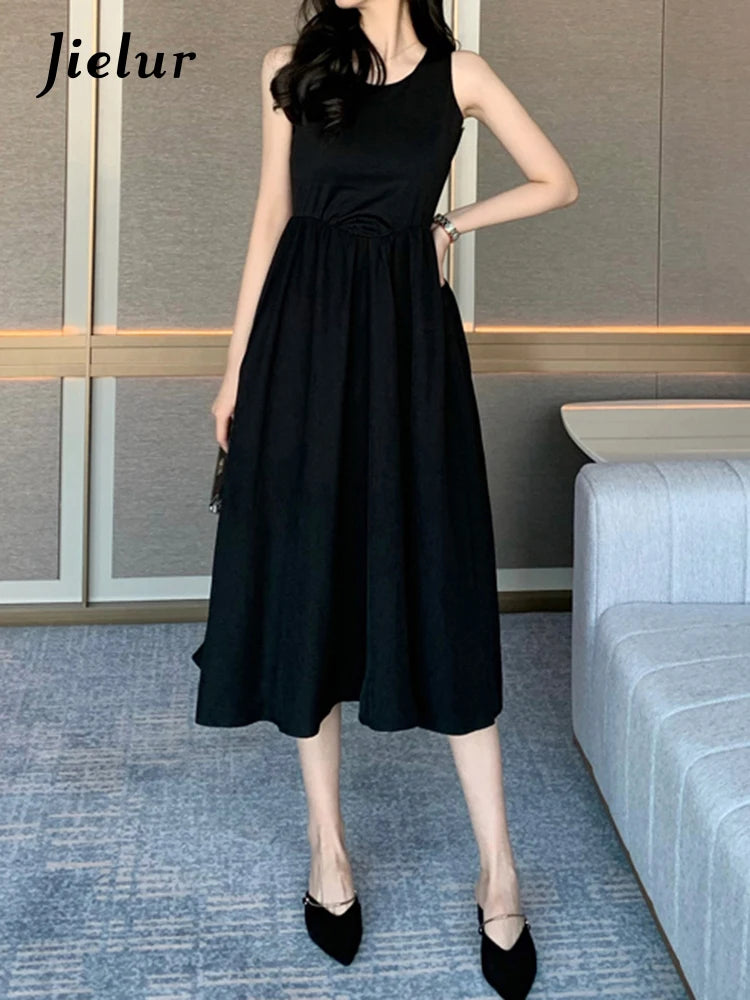Black O-Neck Sleeveless Slimming Tank Dress for Women - High Waist Solid Color Summer Maxi Dress - Perfect for Casual Wear, Office & Beach Outfits