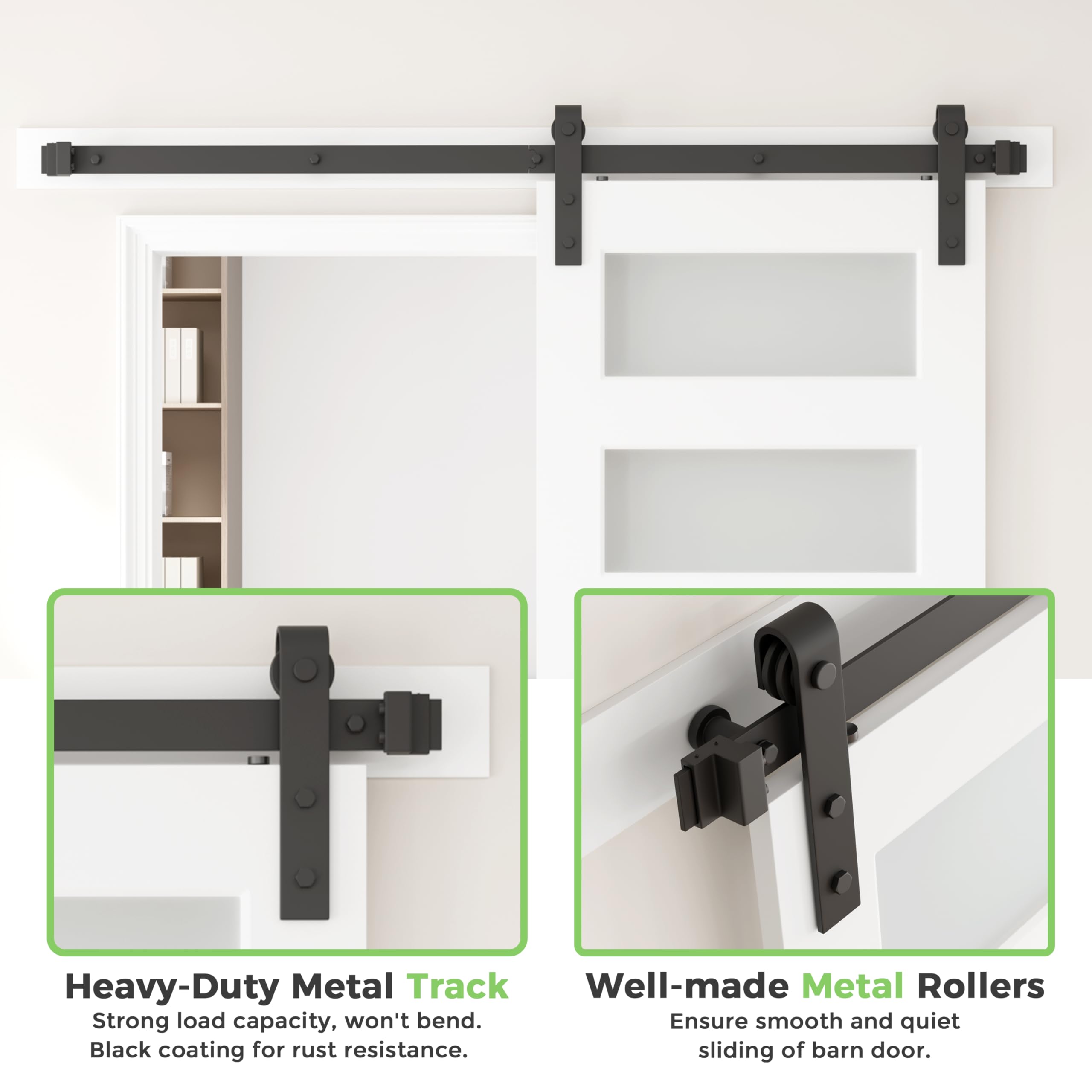 DELAVIN 36 x 84 Inch Frosted Glass Sliding Barn Door with 6.6FT Hardware Kit - 5 Panel Waterproof PVC Coating, Double-Sided Interior Handles - Perfect for Bedroom, Bathroom & Closet Privacy (White)