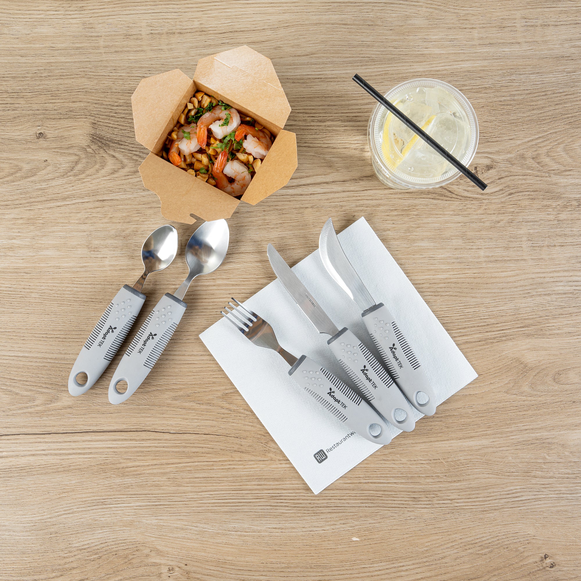 Adapt Tek Gray Stainless Steel 5-Piece Adaptive Utensil Set - Lightweight, Non-Slip Grip, Ergonomic Design for Seniors & Disabled - Perfect for Assisted Eating at Home or Healthcare Facilities (1 Count Box)
