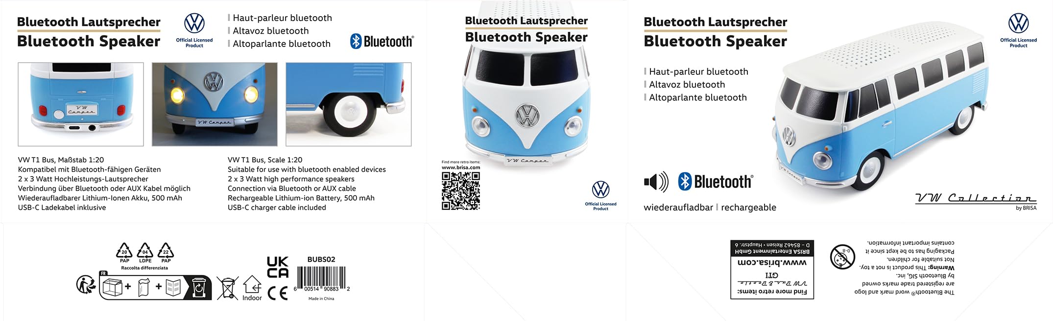 BRISA VW Collection - 1:20 Scale Volkswagen T1 Bus Campervan Bluetooth Speaker with Rechargeable Battery | Portable Wireless Speaker for Home, Office, Travel & Outdoor Adventures | Classic Blue Retro Design