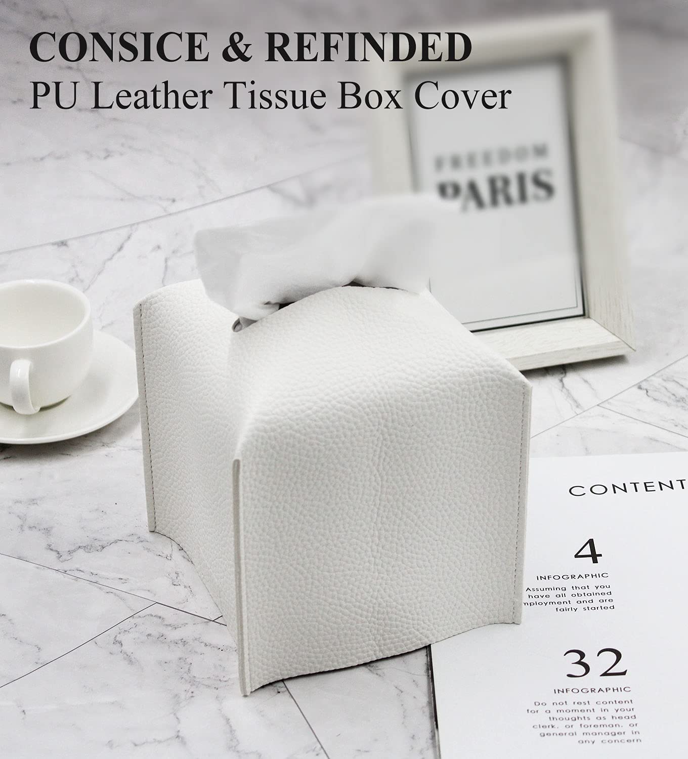 Livelab Square PU Leather Tissue Box Cover - Modern Decorative Tissue Holder for Bathroom, Vanity, Nightstand & Desk (5x5x5 Inches, Off White) | Home Decor & Office Organization Accessory