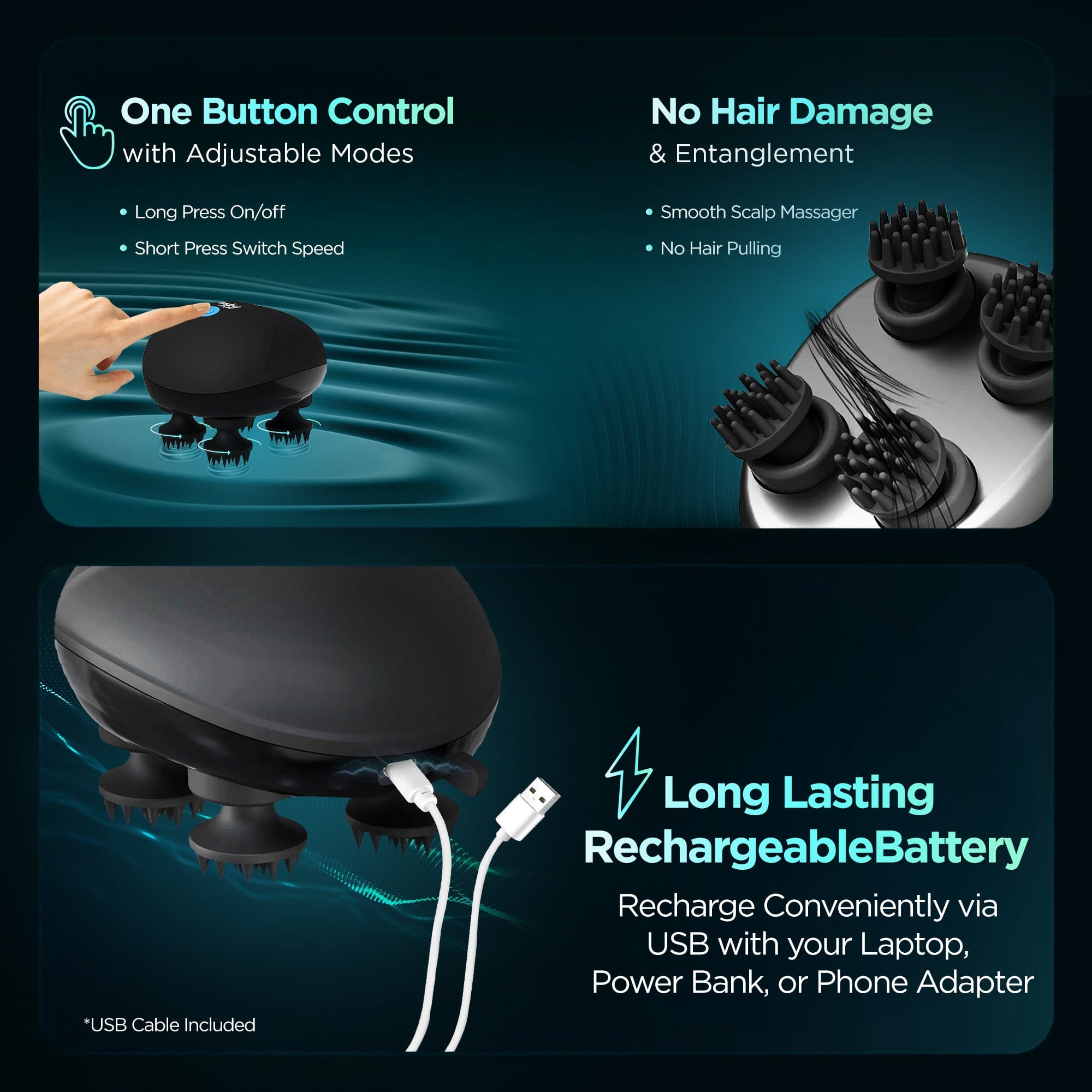 Dr Physio USA Electric Head & Scalp Massager - Rechargeable 4-Head Massager with Kneading Points, 3 Speed Modes for Hair Growth, Stress Relief & Full Body Massage | Portable Deep Clean Scalp Stimulator for Home, Office & Travel Use (Black)