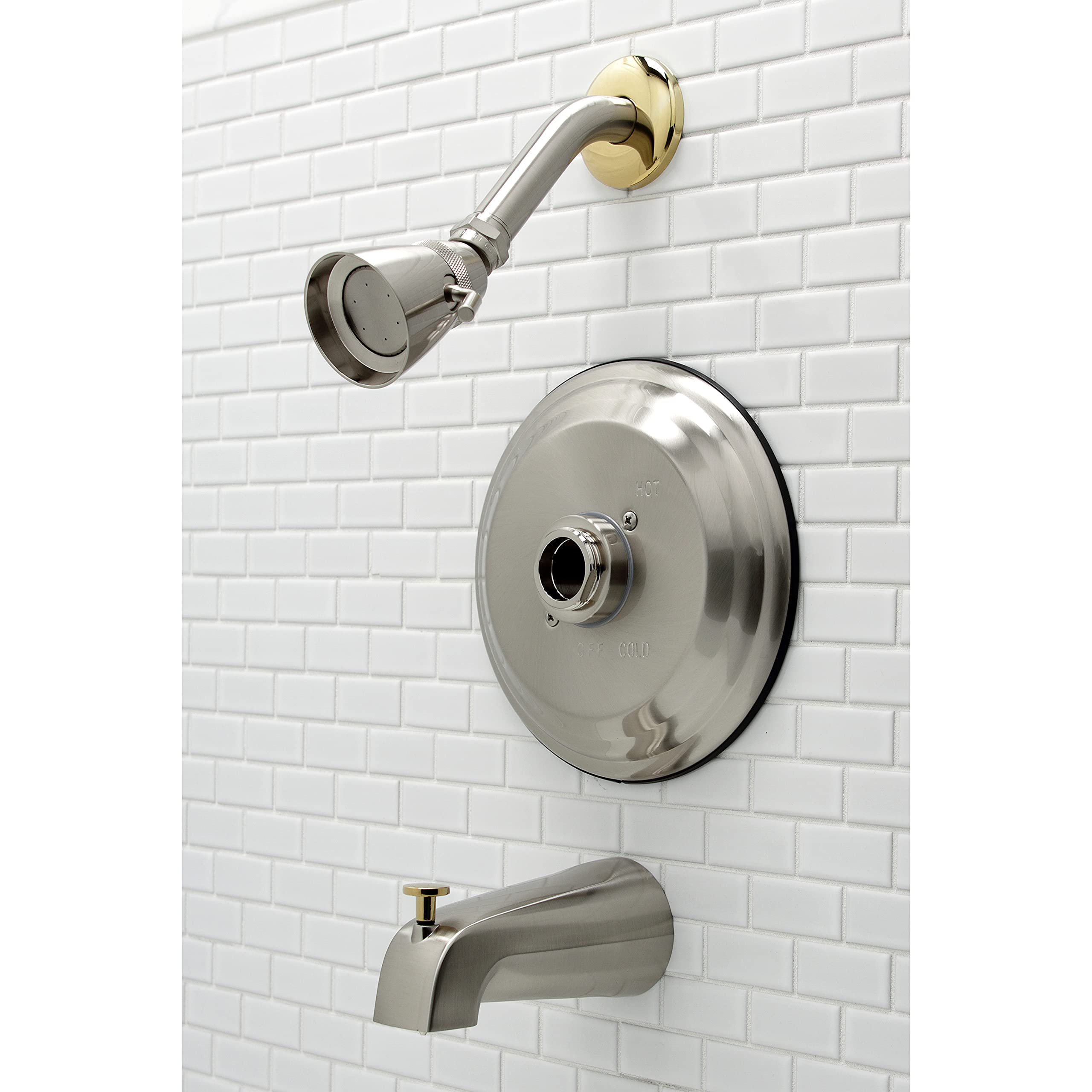 Kingston Brass KB3639TLH Tub and Shower Faucet Trim Kit - Brushed Nickel/Polished Brass Finish - 7.5