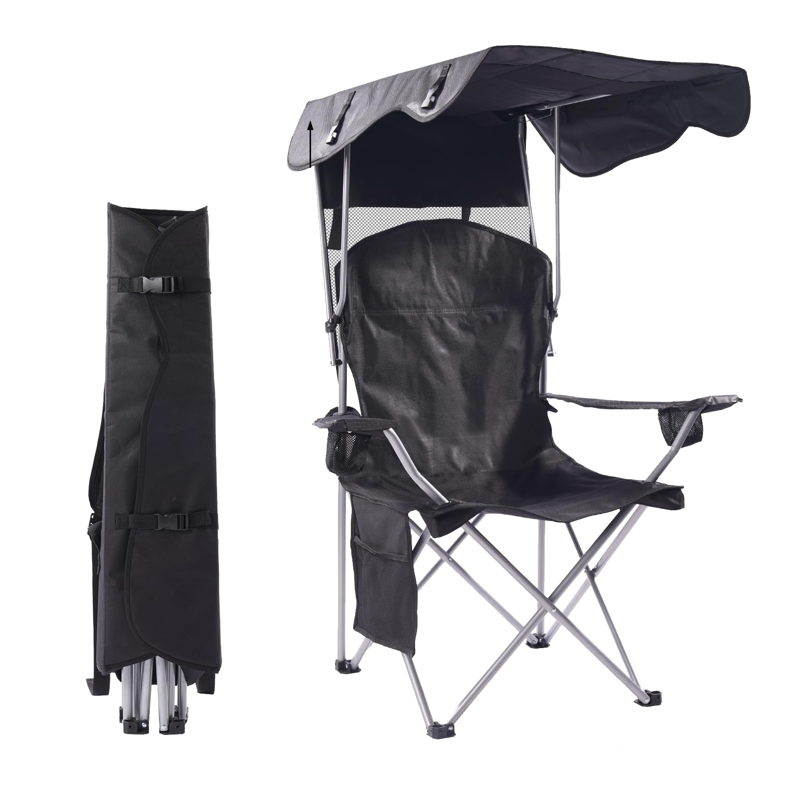 CozyBox Portable Folding Camping Chair with Canopy Shade - Heavy Duty 600D Oxford Fabric Beach Chair for Adults - Weather Resistant Outdoor Lounge Chair for Camping, Beach, Picnics & Backyard Relaxation [Black]