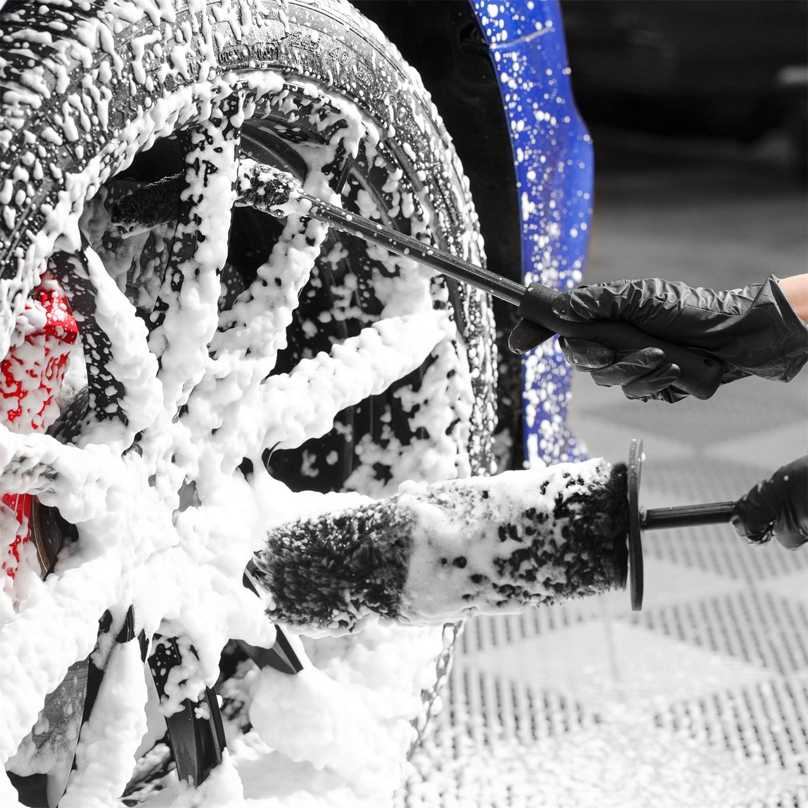 SGCB Pro Microfiber Wheel Brush Kit - Synthetic Woolies Brush for Car Wheels & Rims | Anti-Slip Bendable Tire Wand | Chemical Resistant Dense Fiber Detailing Cleaner | Perfect for Car Wash, Auto Detailing & Wheel Maintenance
