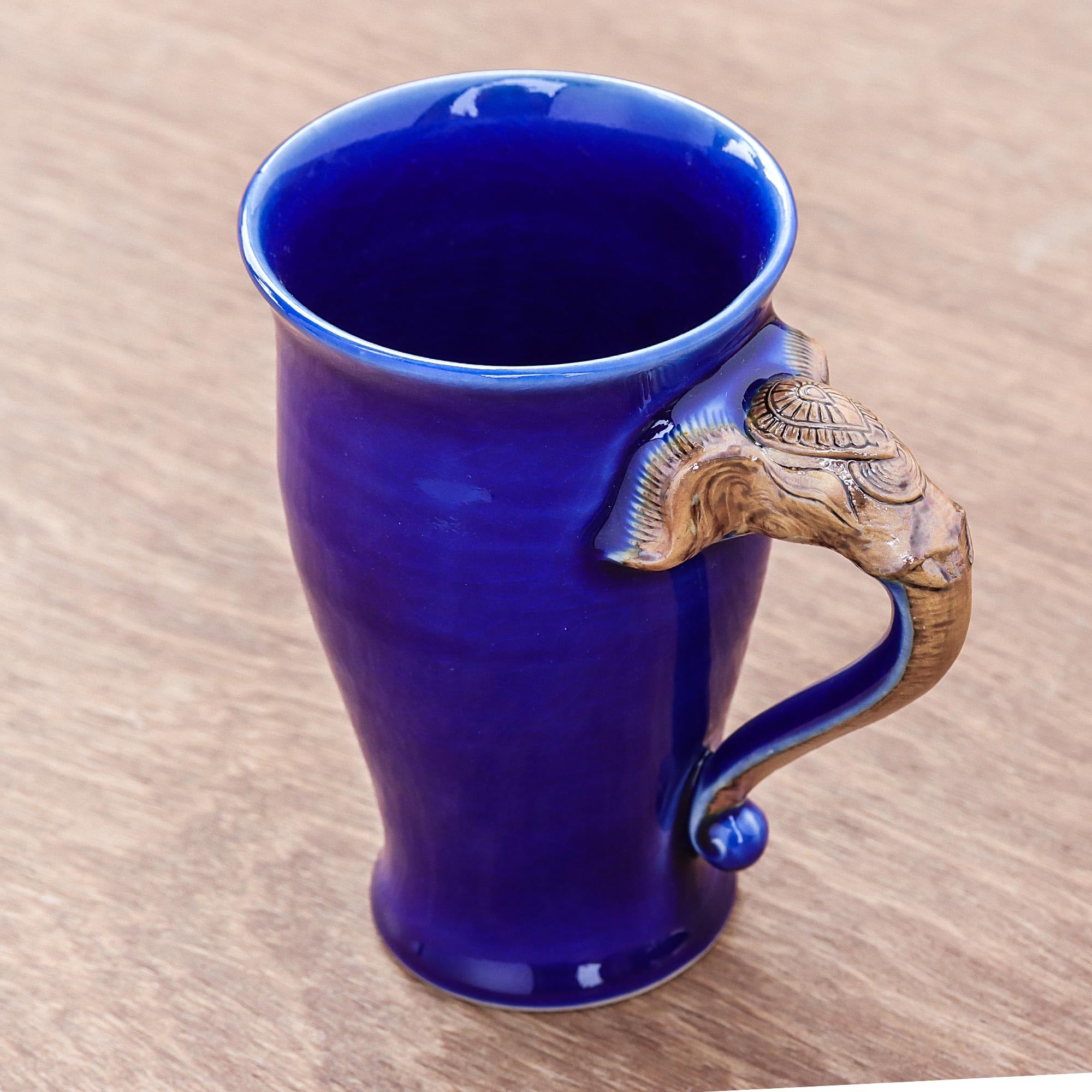Handmade Thai Celadon Ceramic Mug with Elephant Design - Blue & Brown Artisan Coffee Cup - 12 Oz Thailand Tableware for Home & Office Use - Perfect for Tea, Coffee & Gifts - 5.5in H x 4.9in W x 3.5in D
