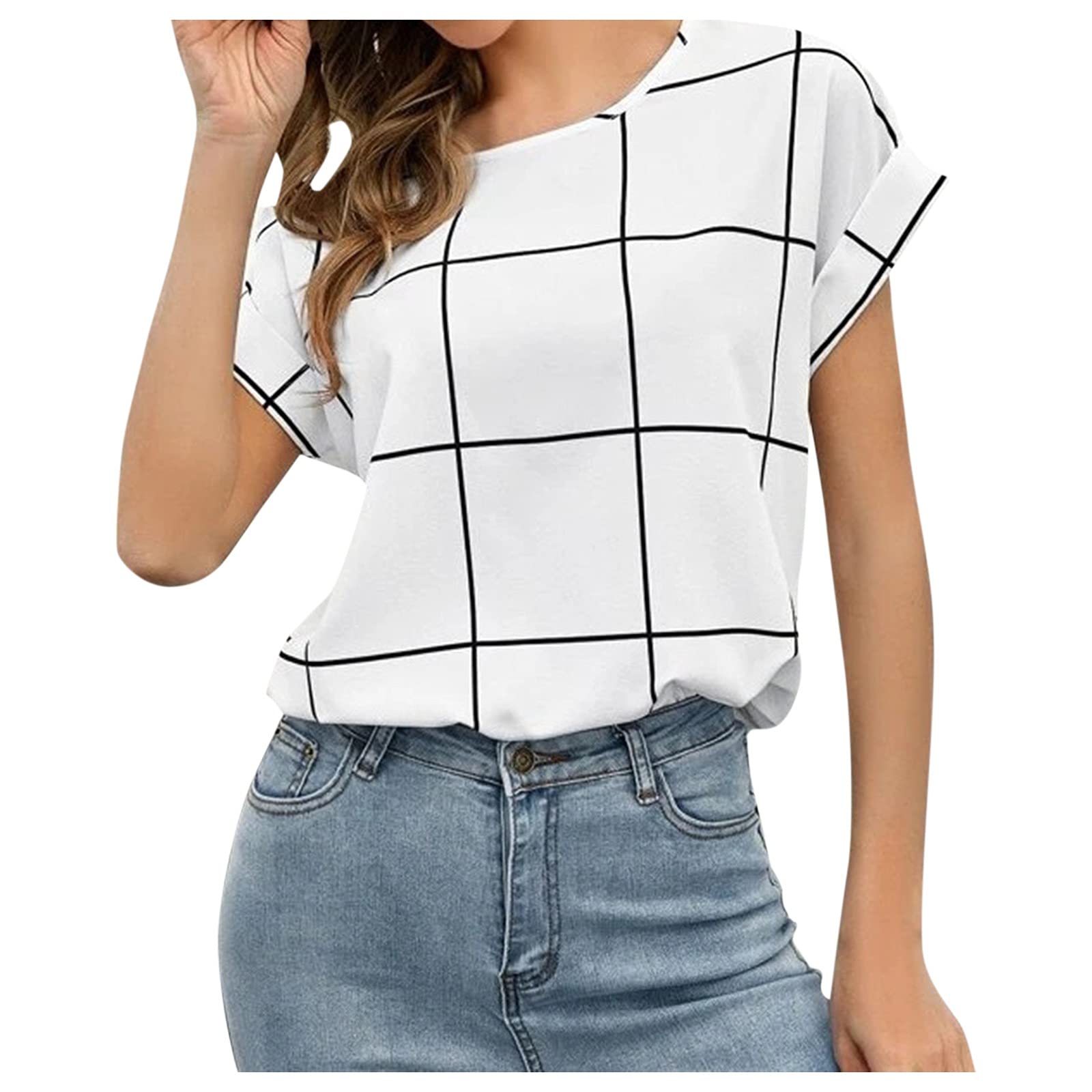 FMCHICO Women's Casual Lattice Print Crewneck Short Sleeve T-Shirt Blouse - Comfortable Summer Top for Daily Wear, Outings & Office Outfits