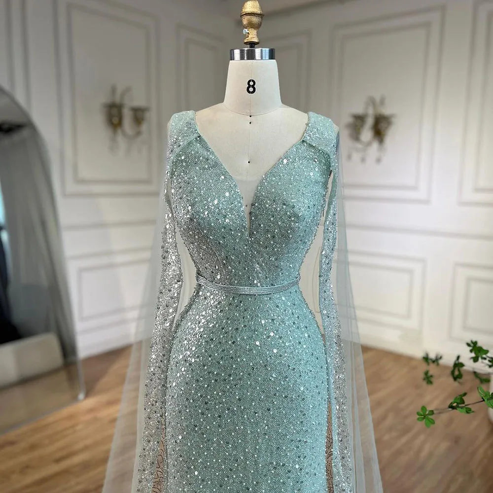 Elegant Arabic Turquoise Mermaid Evening Dress with Beaded Cape Sleeves for Women's Party | Dubai Luxury Formal Gown | Perfect for Weddings, Galas & Special Occasions - LA72574
