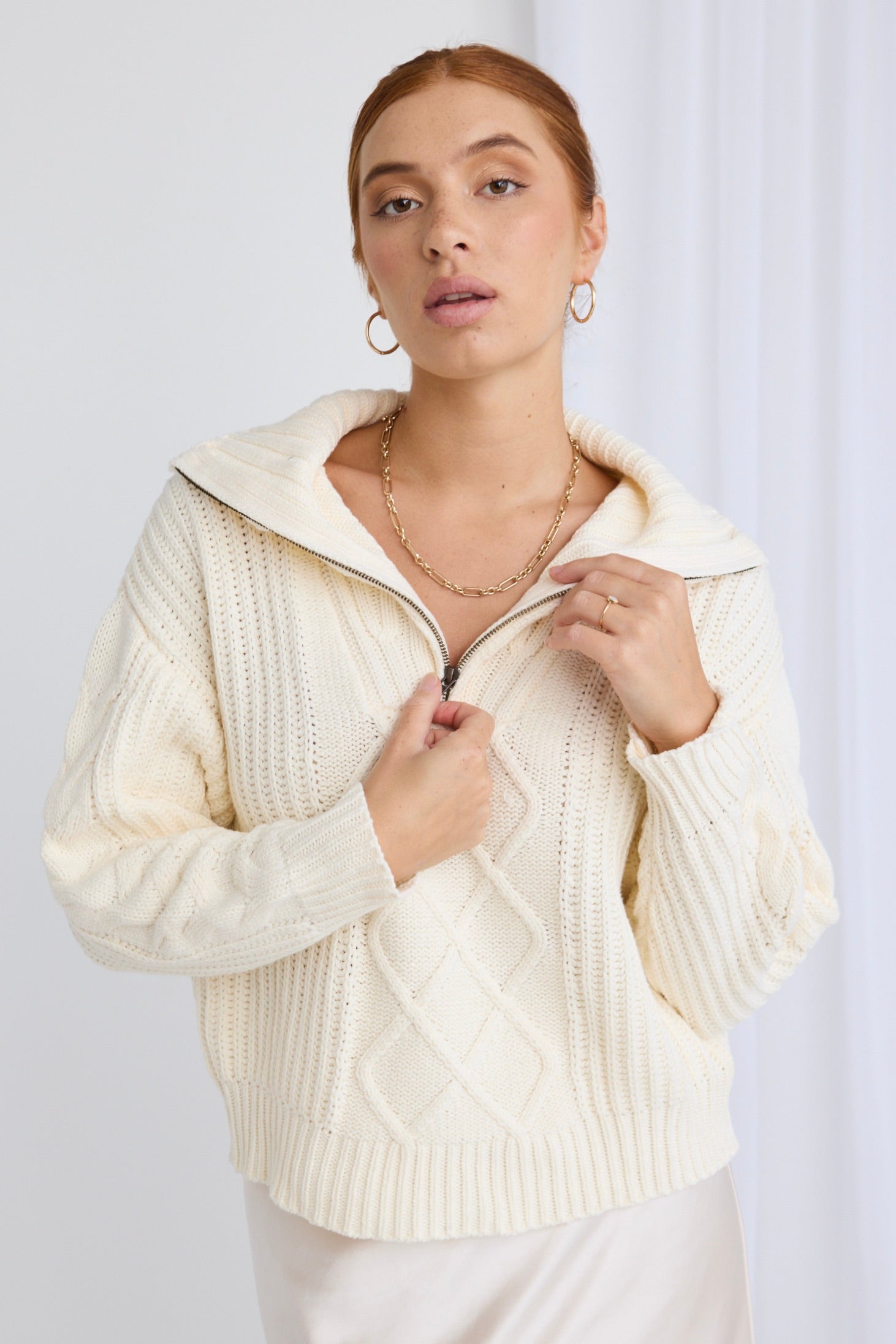 Clover Ivory Zip Front Cable Knit Sweater for Women - Cozy Winter Pullover with Front Zipper - Perfect for Casual Outfits & Cold Weather Layering