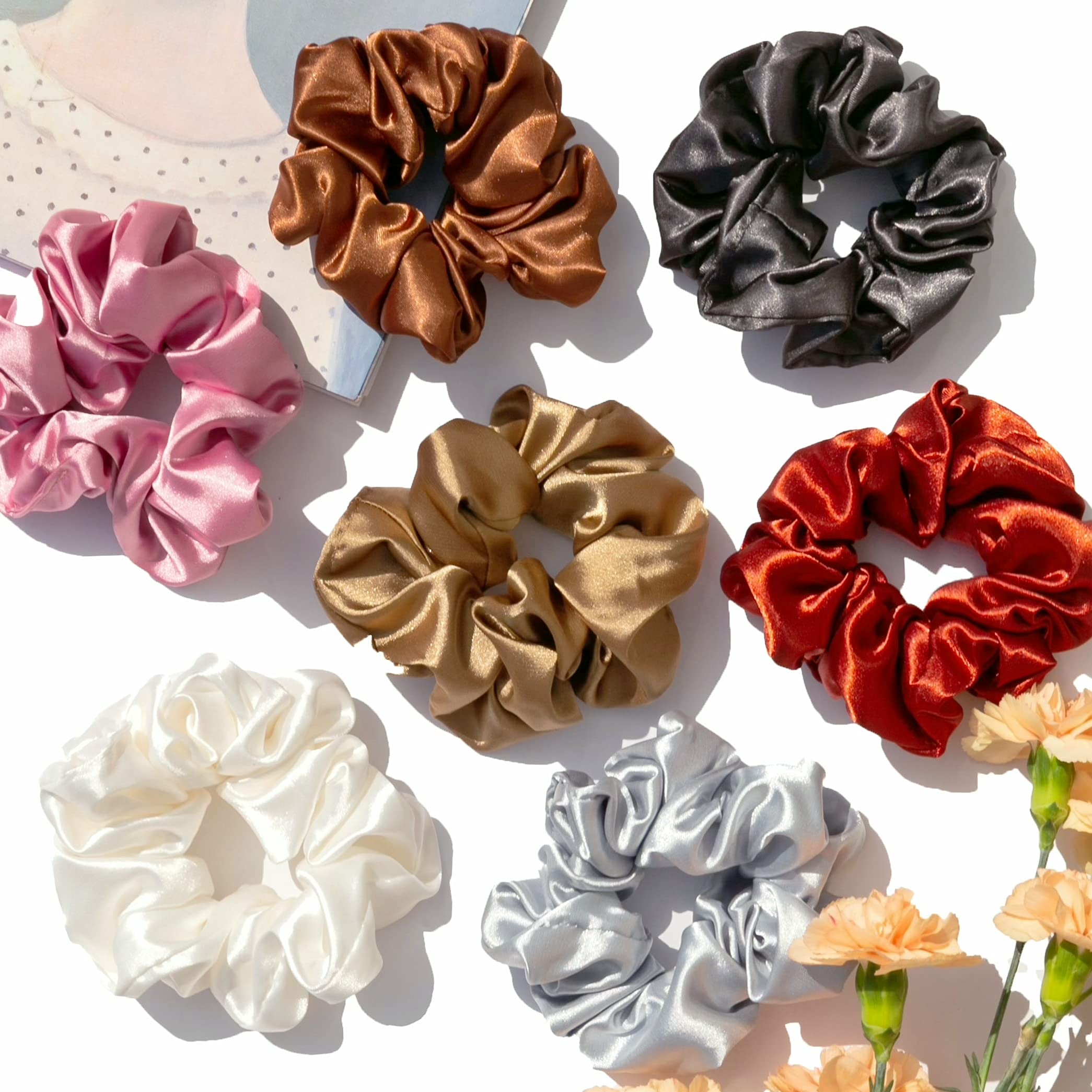 Luxury Charmeuse Silk Scrunchies for Women - 7-Pack Hair Ties Set with Strong Elastic (Black, Beige, Navy, Burgundy, Blush, Olive, Gray) - Soft Ponytail Holders for Thin or Thick Hair - Perfect for Workouts, Office, Wedding & Everyday Styling
