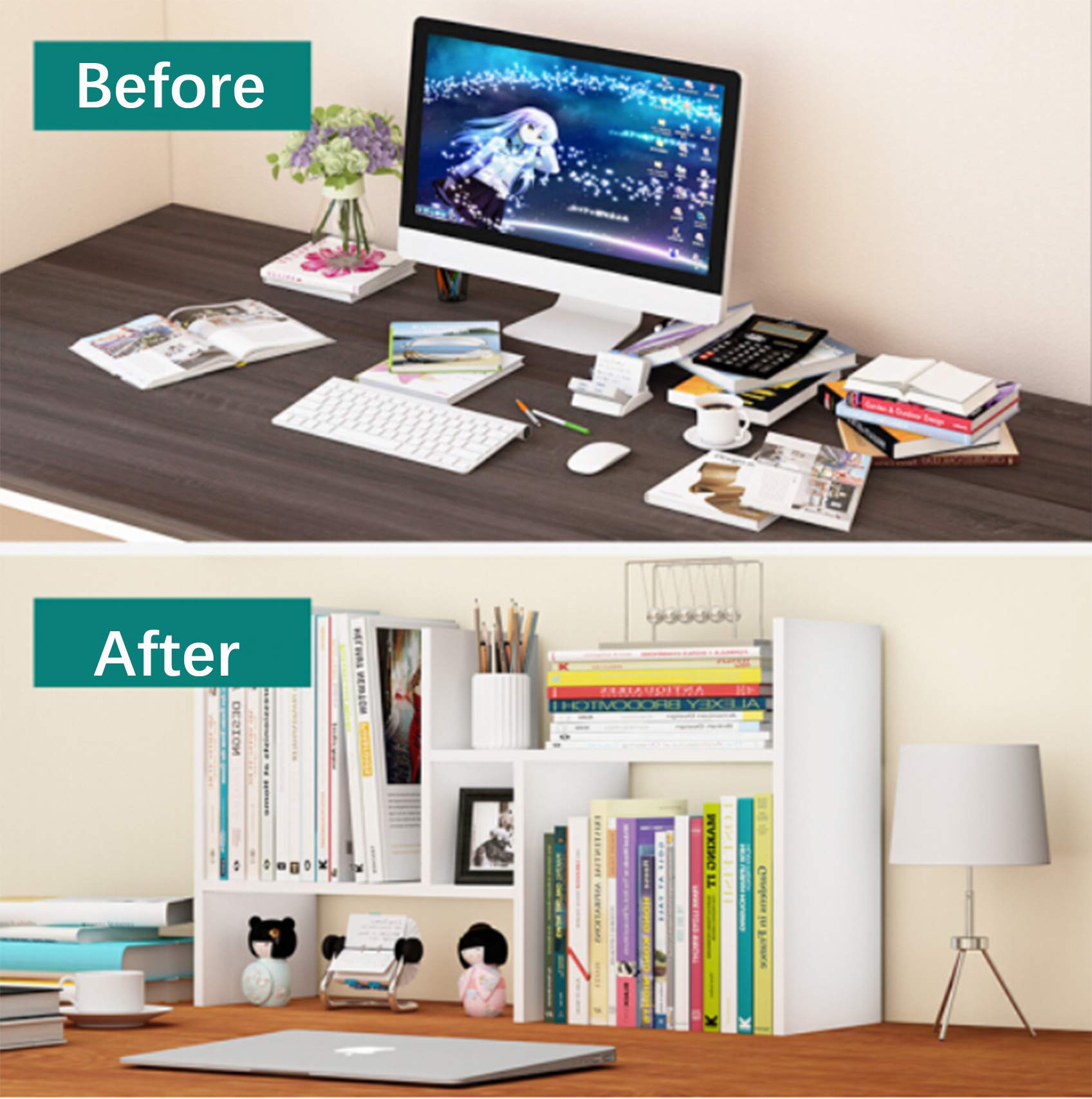 Adjustable Wooden Desktop Bookshelf Organizer - Office Desk Storage Rack with Free-Style Display, Natural Wood Stand for Books, Supplies & Decor | Perfect for Home Office, Study Room & Workspace (White)