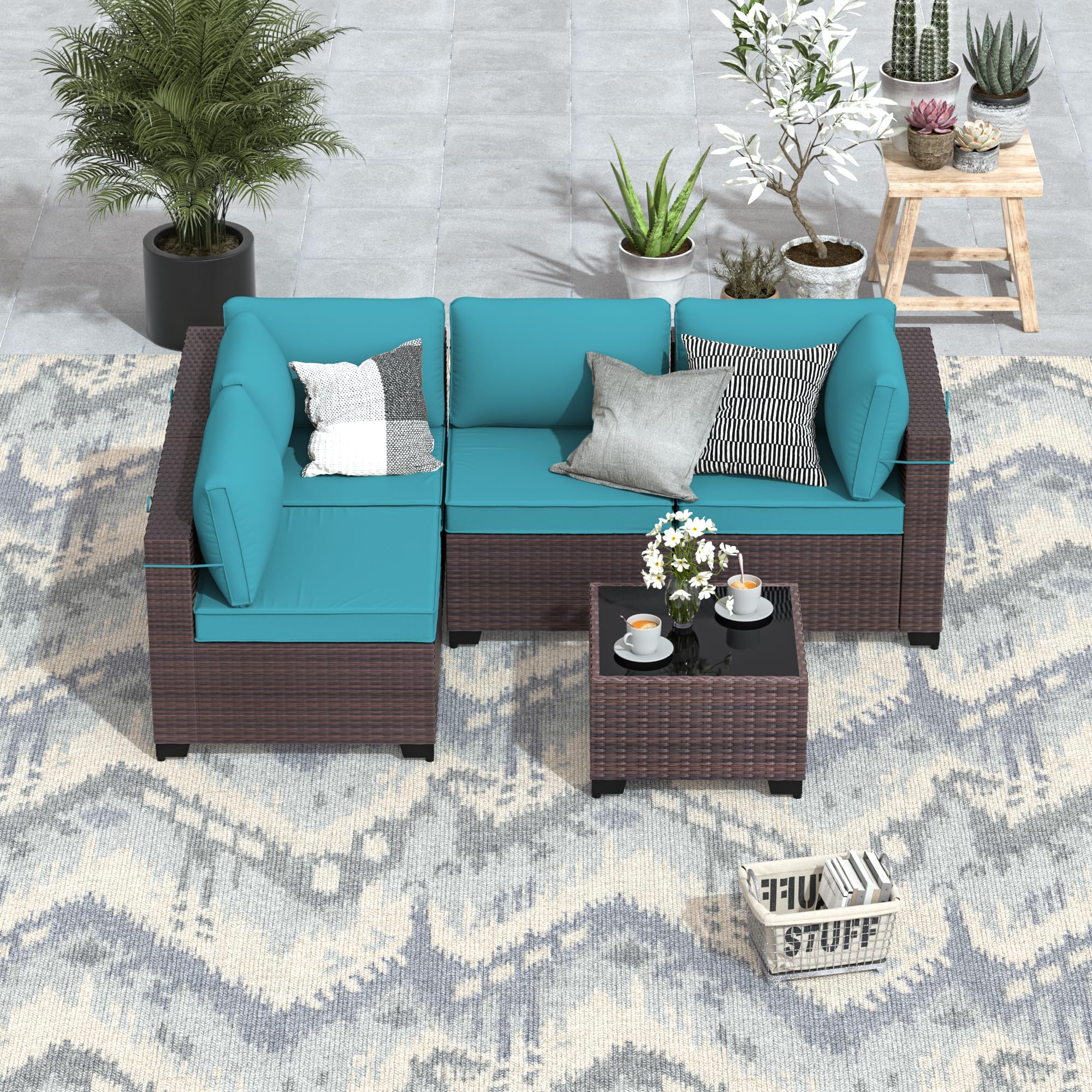 5-Piece All-Weather Patio Furniture Set - Blue Rattan Wicker Outdoor Sectional Sofa with Thick Cushions & Glass Coffee Table - Perfect for Backyard, Garden, Poolside or Deck Relaxation