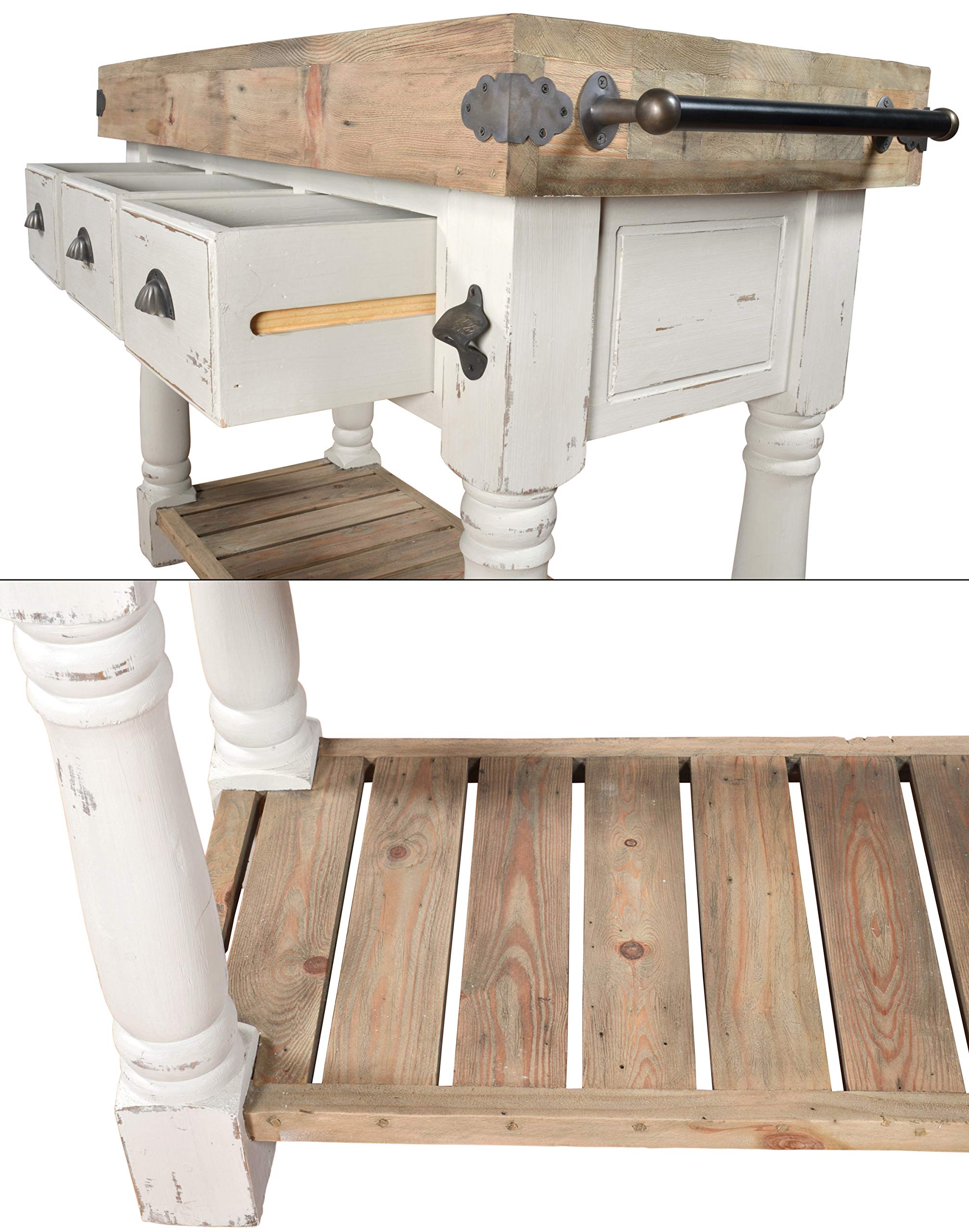 Farmhouse Island Work Console - White Chalk & Natural Wood Kitchen Table for Dining, Home Office, and Crafting