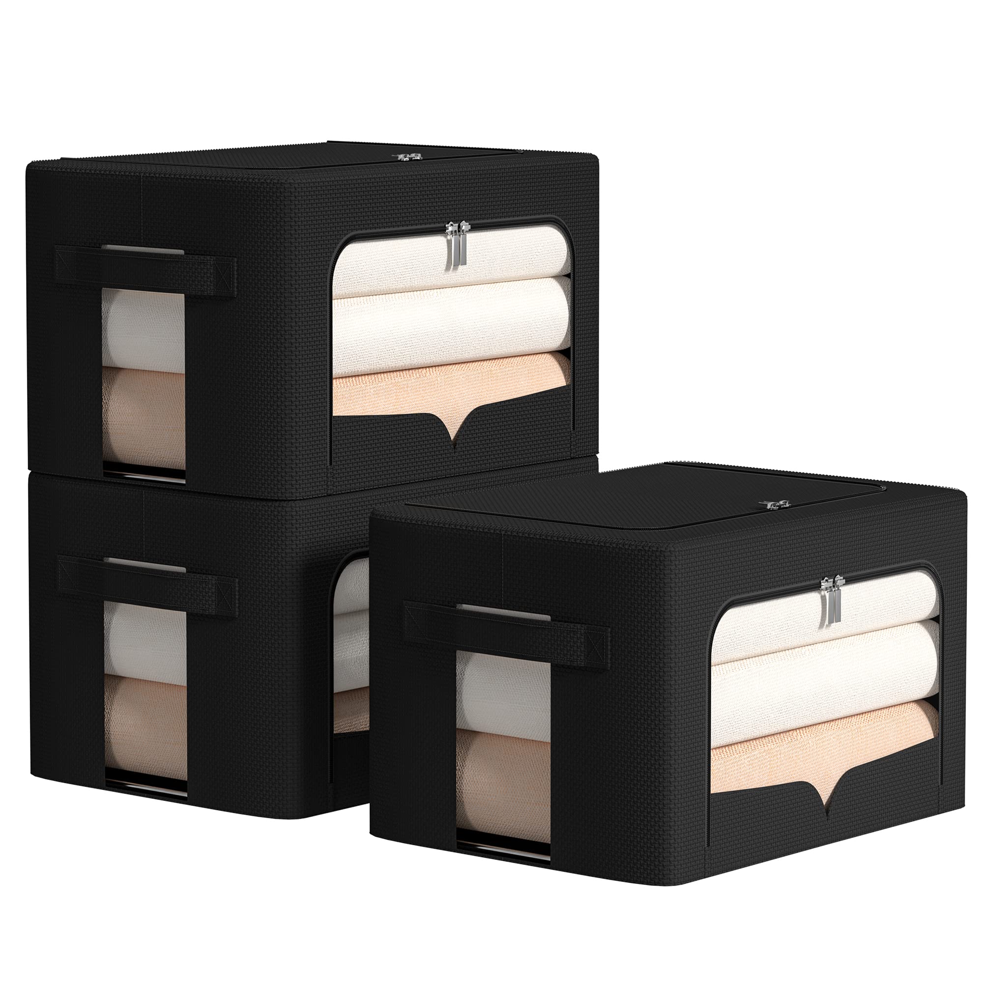 3 Pack Foldable Stackable Storage Bins with Clear Window & Handles - Oxford Cloth Steel Frame Organizer Box for Clothes, Toys, Blankets - Perfect for Closet, Nursery, Dorm & Home Organization
