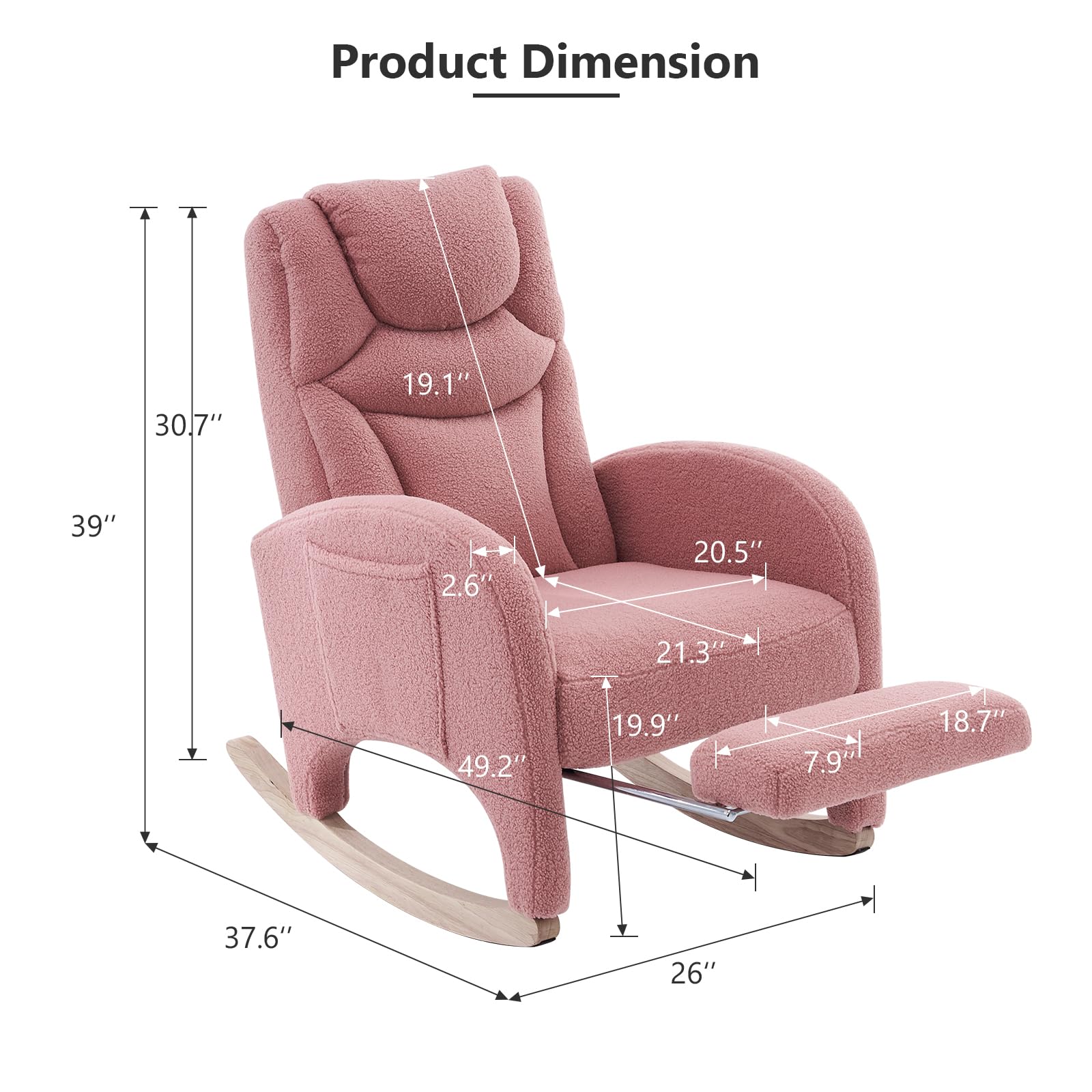 Hommoo Modern Teddy Fabric Rocking Chair with Adjustable Footrest - High Back Nursery Glider Rocker for Mom and Baby, Pink - Perfect for Nursery, Living Room & Bedroom Relaxation