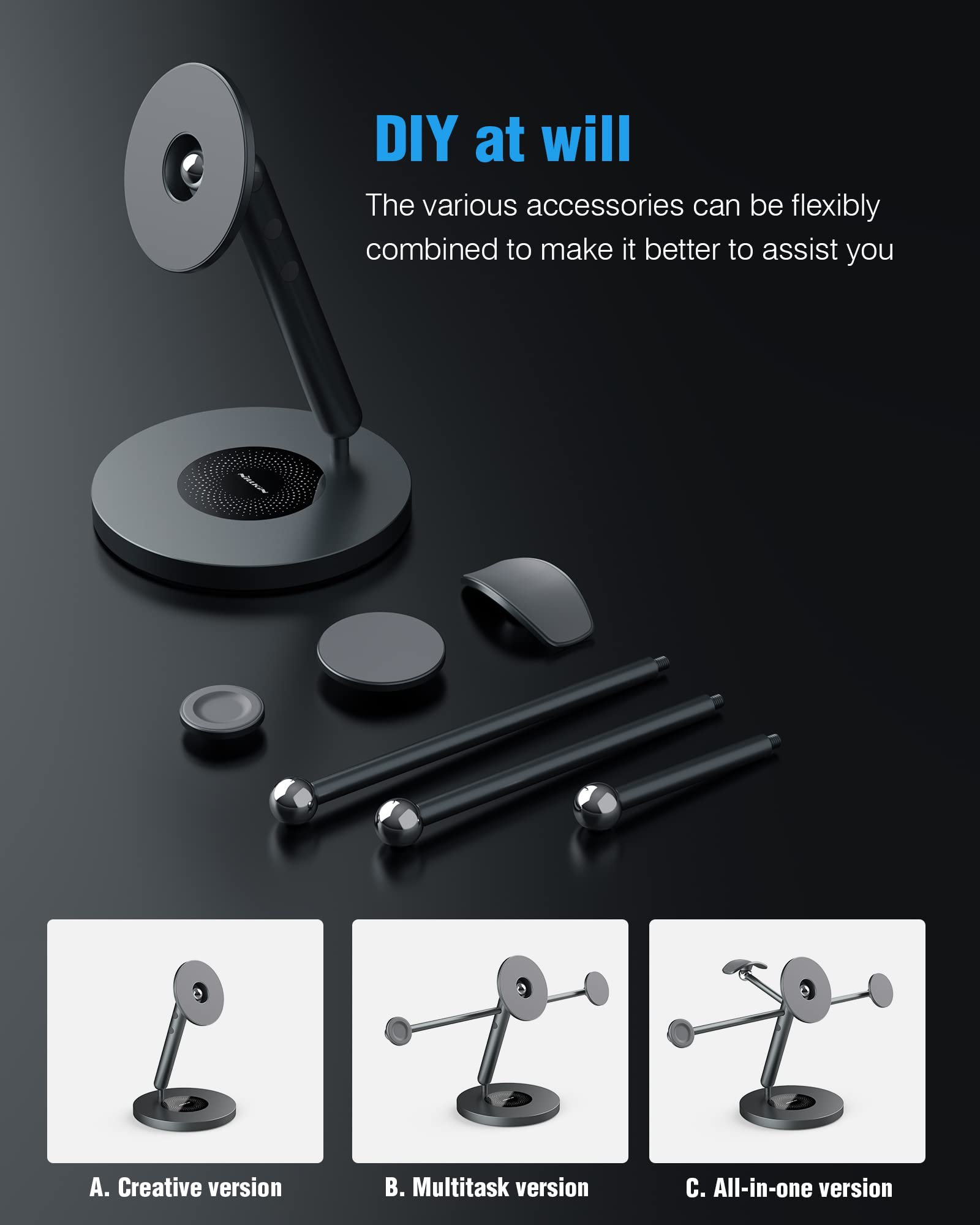 Nillkin 4-in-1 Magnetic Tablet Stand with MagSafe Ring - 360° Rotating Aluminum Phone Stand for iPhone, iPad, Apple Watch & AirPods (5-13 Inch) - Perfect for Desk, Office, Home & Travel Use