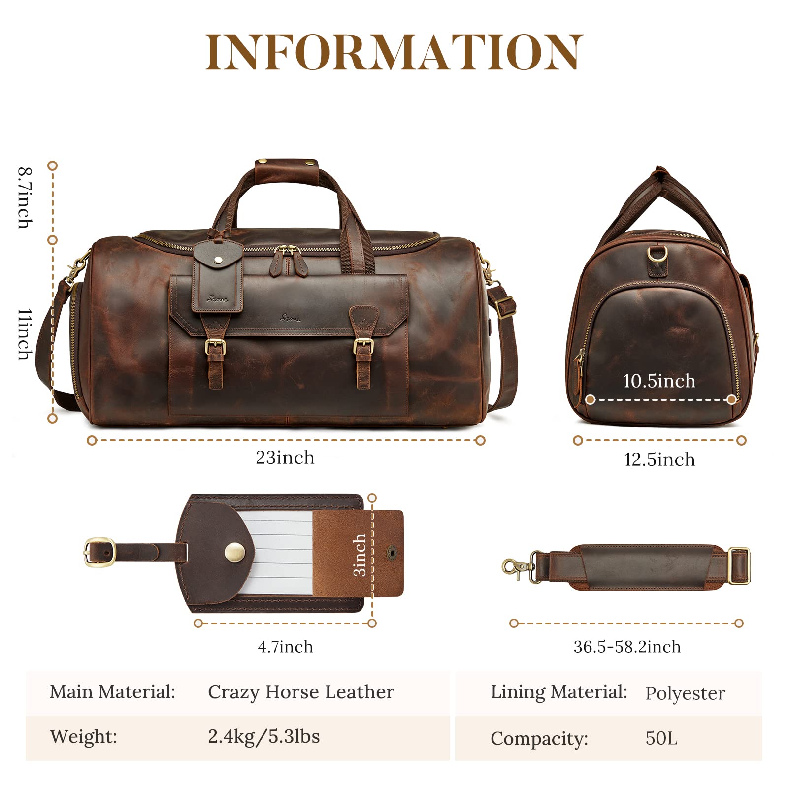 Premium Genuine Leather Travel Duffle Bag for Men & Women - Carry On Weekender Garment Bag with Spacious Compartments (Dark Brown) - Perfect for Business Trips, Gym, Weekend Getaways & Air Travel