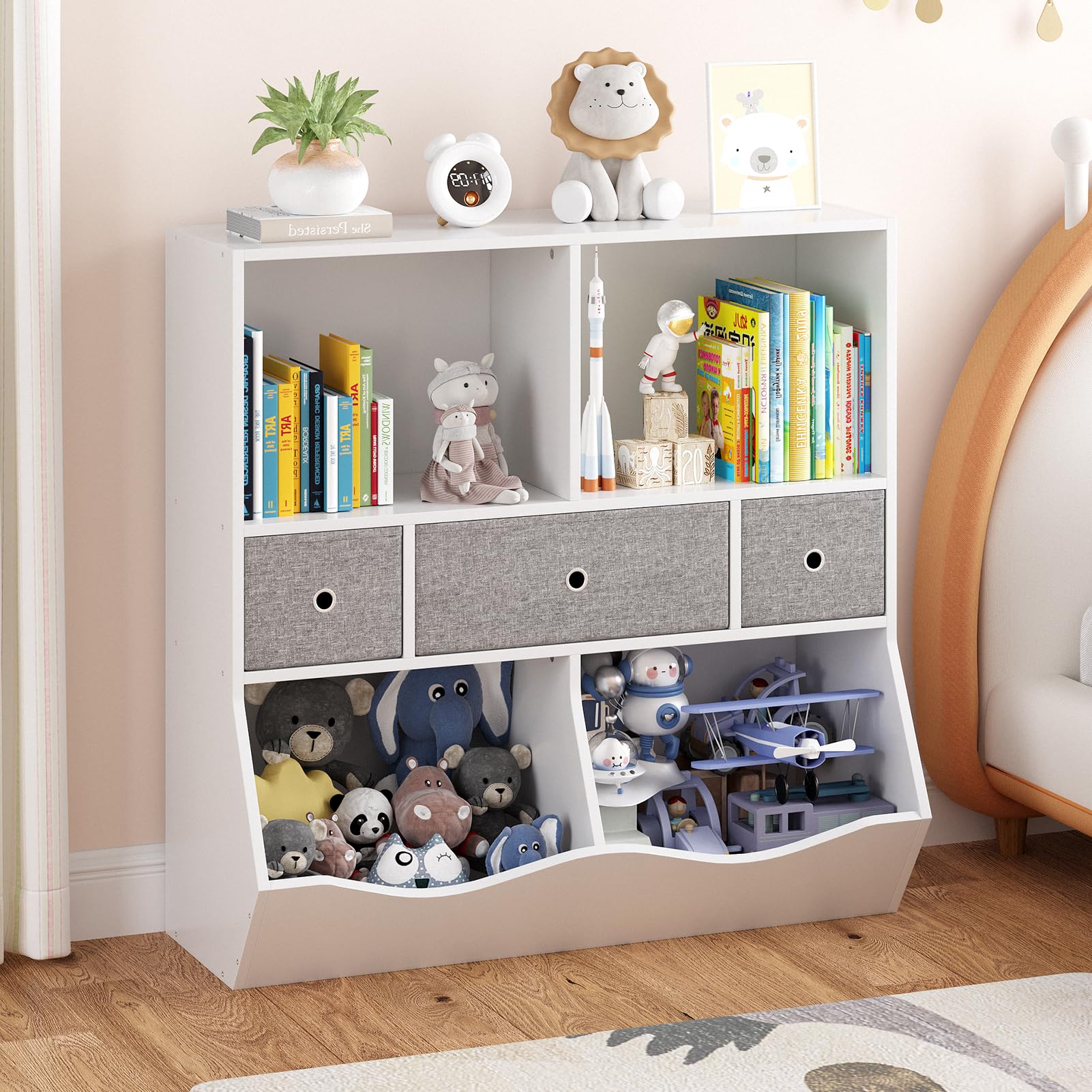 IDEALHOUSE Kids Toy Storage Organizer with 3 Movable Drawers - 3 Tier Children Bookcase & Bookshelf - 7 Cubby Toy Storage Cabinet for Playroom, Bedroom, Nursery - White - Perfect for Organizing Toys, Books & Kids' Belongings in Daycare or Home Play Areas