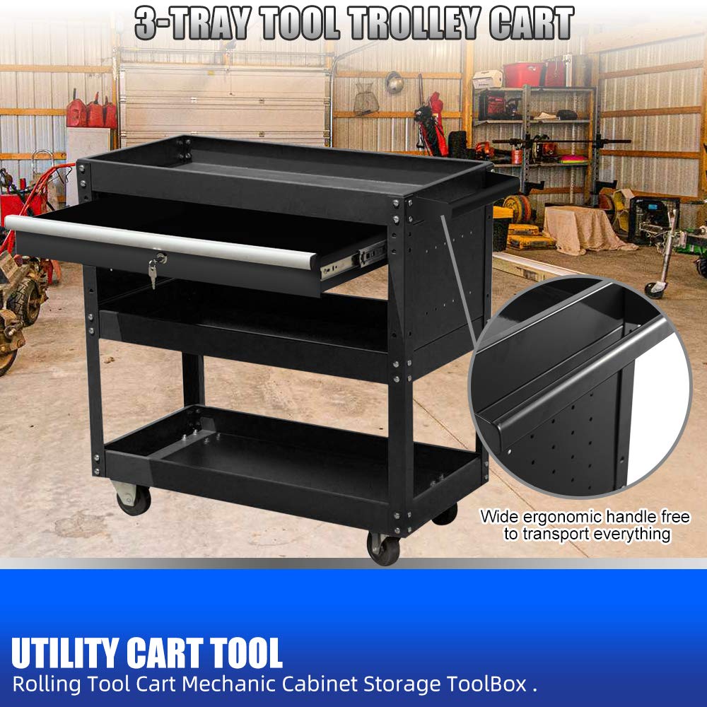 3-Tier Heavy Duty Black Oversized Tool Cart with Drawer - Rolling Storage Organizer Trolley with Wheels & Deep Shelves - Metal Locking Utility Cart for Warehouse, Garage, Office & Cleaning Supplies (Dark Black) - Perfect for Mechanics, DIY Projects & Workshop Organization