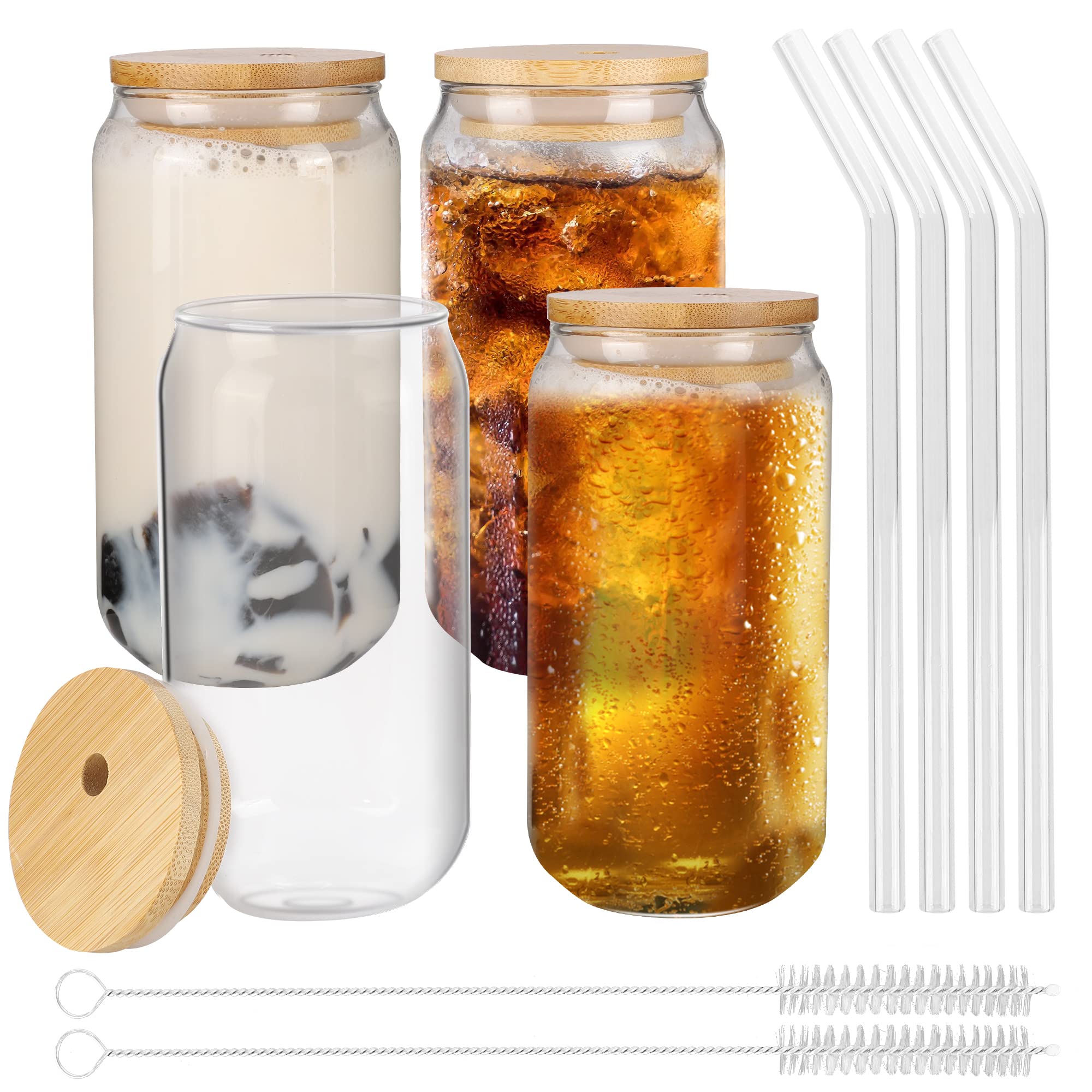 4-Pack Can Shaped Glass Cups - 16oz Beer Glasses with Lids & Straws, Iced Coffee Tumblers for Cold Drinks, Water, Tea & Cocktails - Perfect for Parties, BBQs, Home Bars & Office Use