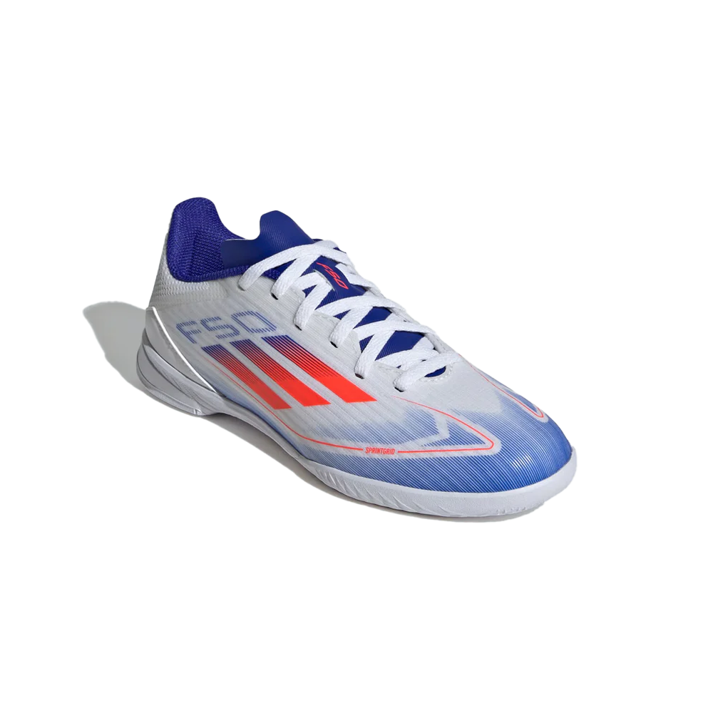 Adidas F50 League Junior Indoor Soccer Shoes for Kids - White/Solar Red/Lucid Blue - Perfect for Indoor Training & Youth Football Games