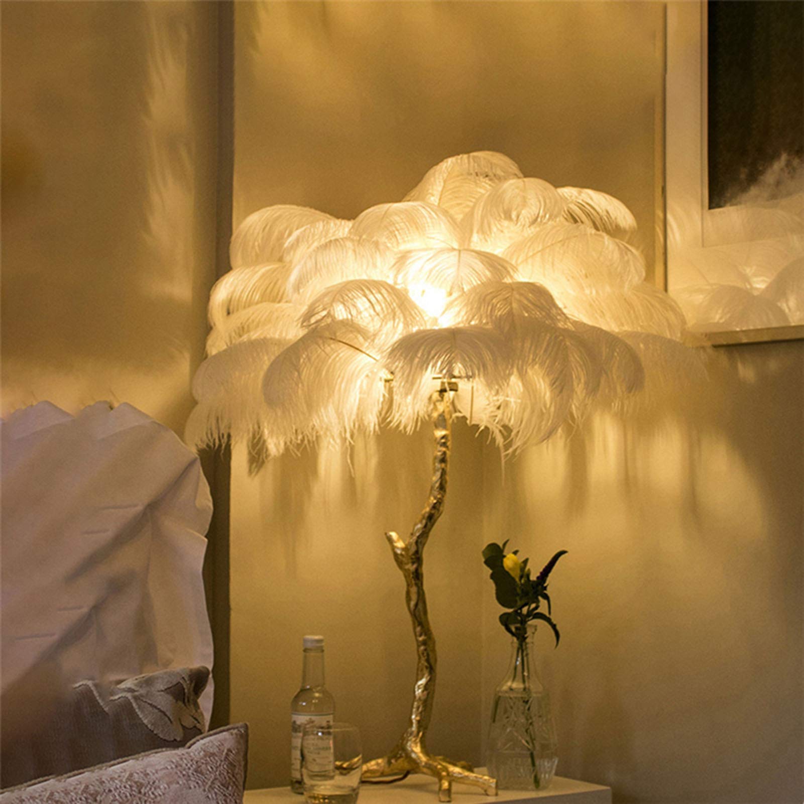 Modern Luxury Ostrich Feather Table Lamp - Elegant White Bedside & Office Lighting for Romantic Princess Bedroom Decor