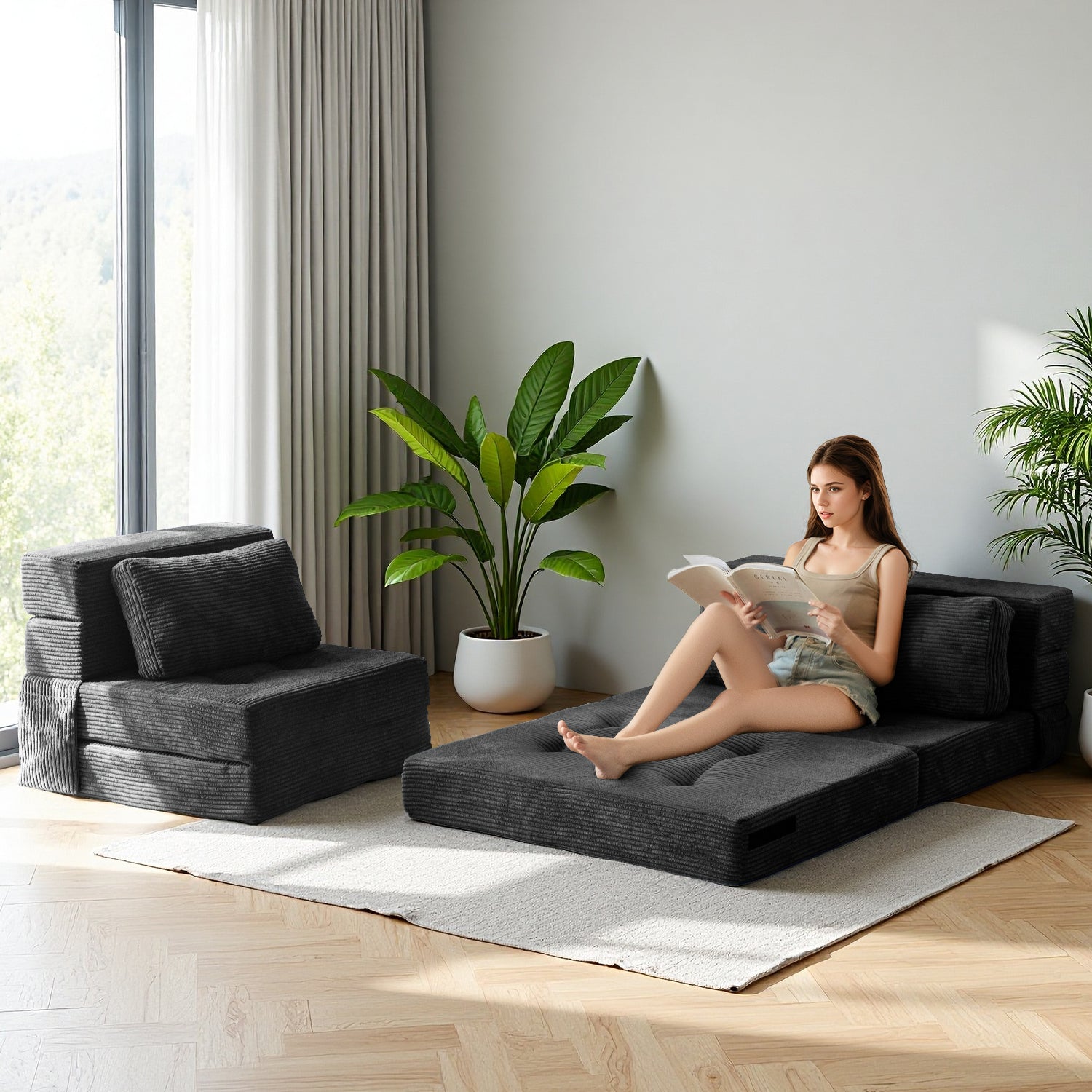 MAXYOYO 4-in-1 Convertible Sofa Bed Chair - Tufted Folding Floor Couch with Pillow, Black | Multi-Functional Furniture for Small Spaces, Guest Room, Dorm & Living Room | Perfect for Lounging, Sleeping & Extra Seating