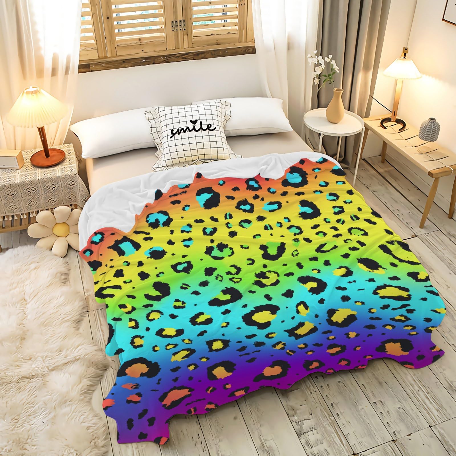 Ultra Soft Flannel Fleece Throw Blanket - Neon Rainbow Leopard Print - All Season Warm & Cozy Quilt - 120