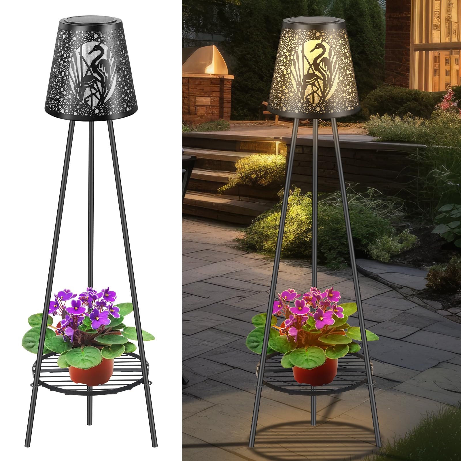 EYZH 2 Pack Solar Floor Lamp Lights with Metal Plant Stand - Outdoor LED Lantern for Yard, Porch, Deck & Backyard Decoration | Flamingo Design, Weatherproof & Solar Powered for Patio, Garden & Pathway Lighting