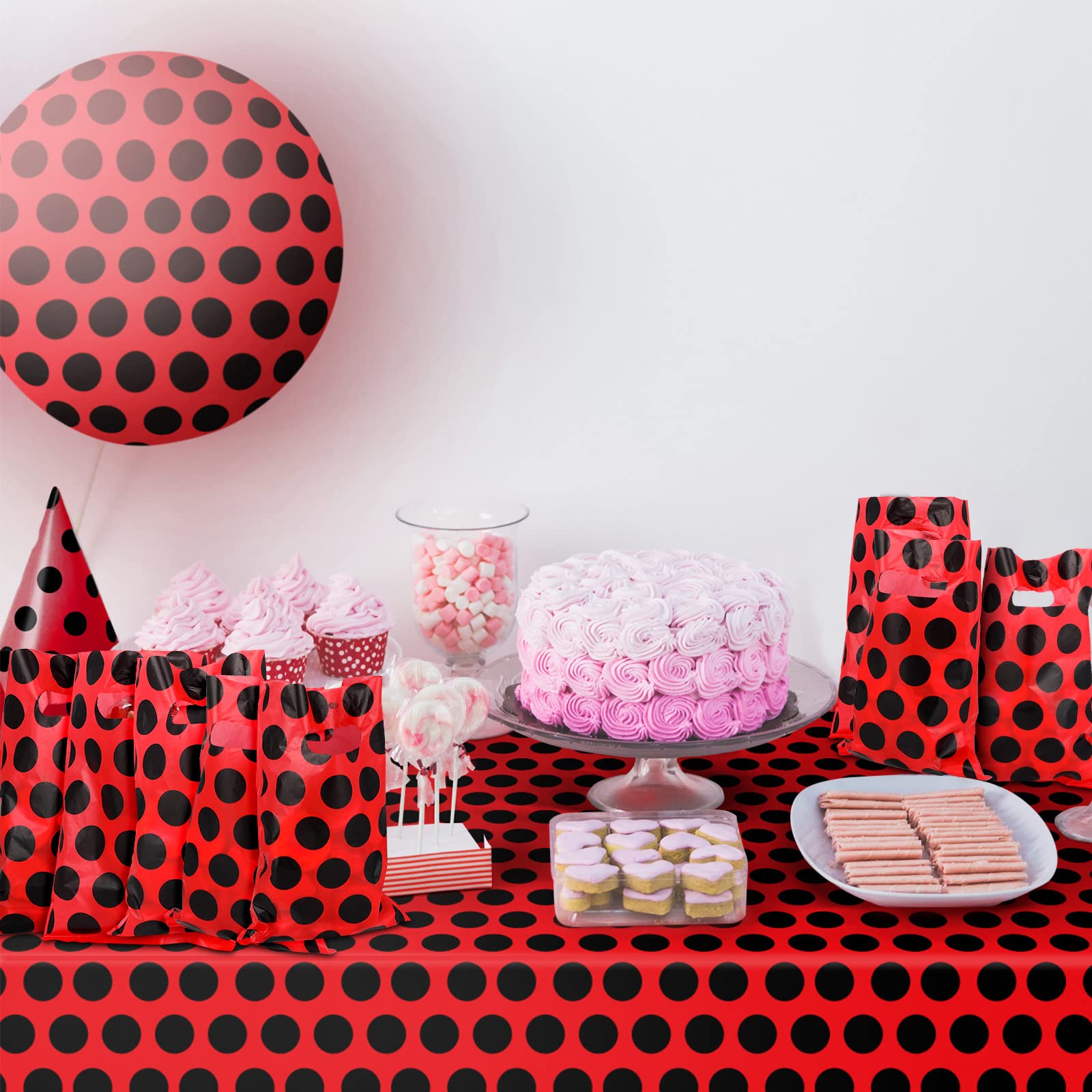100 Pcs Ladybug Gift Bags - Watermelon Themed Red & Black Polka Dot Party Supplies for Birthdays, Weddings, Baby Showers | Perfect for Candy, Favors & Decorations | Cute Bug-Themed Celebration Accessories