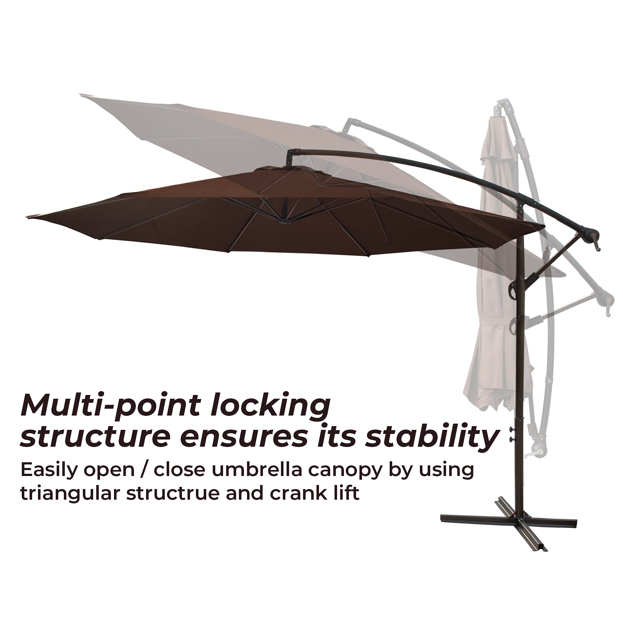 10FT Offset Cantilever Patio Umbrella with Crank & Cross Base - Outdoor Hanging Market Umbrella for Backyard, Poolside, Lawn, Garden - Sun Shade for Dining, Lounging, and Outdoor Relaxation (Brown)