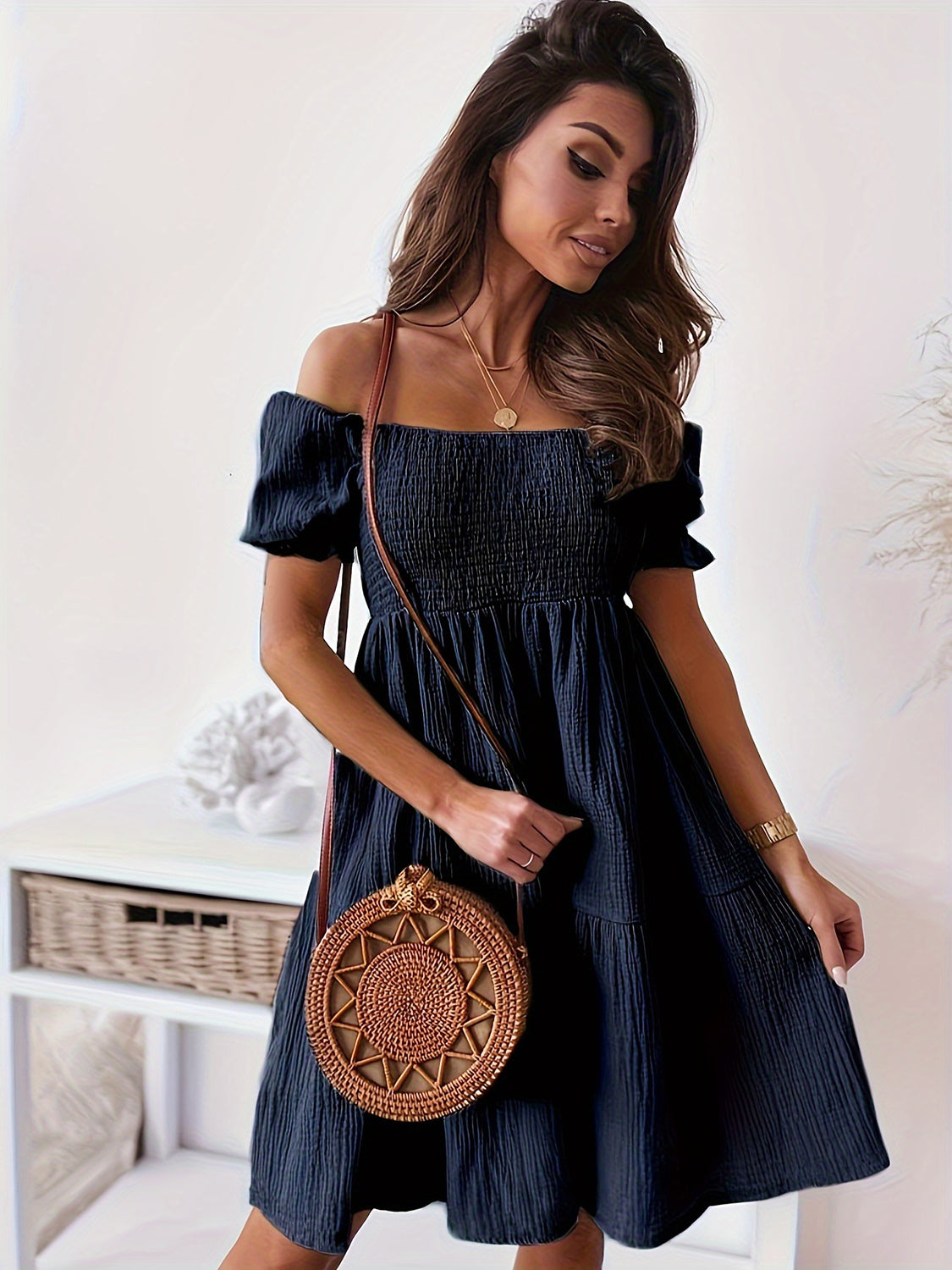 Elegant Full Size Ruffled Off Shoulder Short Sleeve Beach Dress - Flowy Summer Sundress for Women, Perfect for Vacation, Pool Party & Tropical Getaways