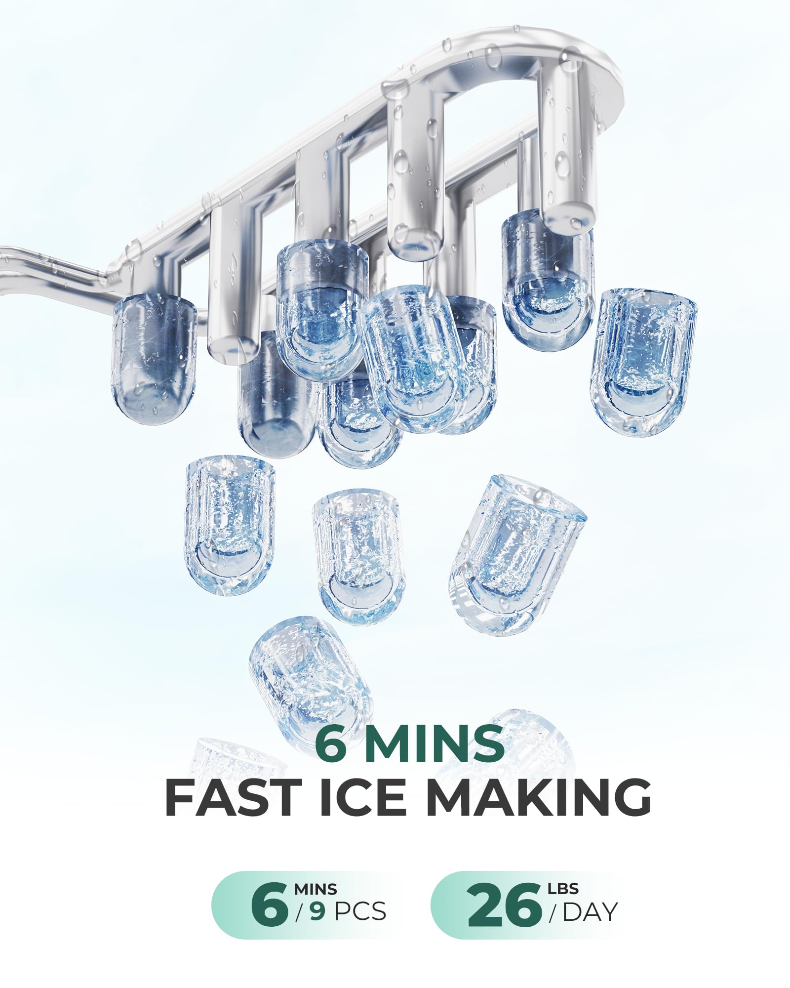 Ecozy Portable Countertop Ice Maker - Fast 9 Ice Cubes in 6 Minutes, 26 lbs Daily Output, Self-Cleaning with Ice Bags, Scoop & Basket - Perfect for Kitchen, Office, Bar, Party & Outdoor Gatherings - White