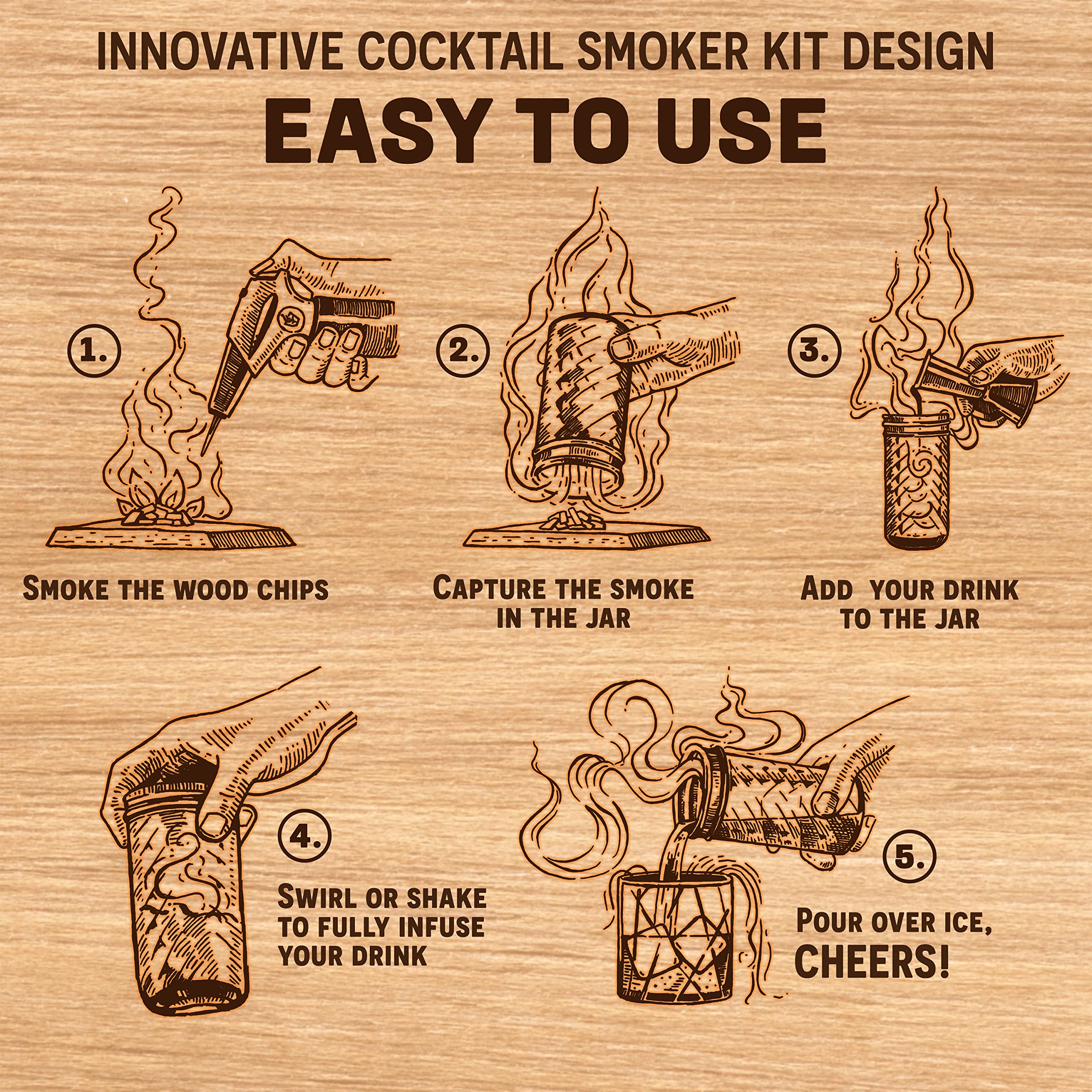 Premium Cocktail Smoker Kit with Torch - 7 Piece Old Fashioned Whiskey & Bourbon Smoking Set with Carrying Case, Handcrafted White Oak Board & 3 Wood Chips - Perfect for Home Bars, Cocktail Parties & Gift Giving