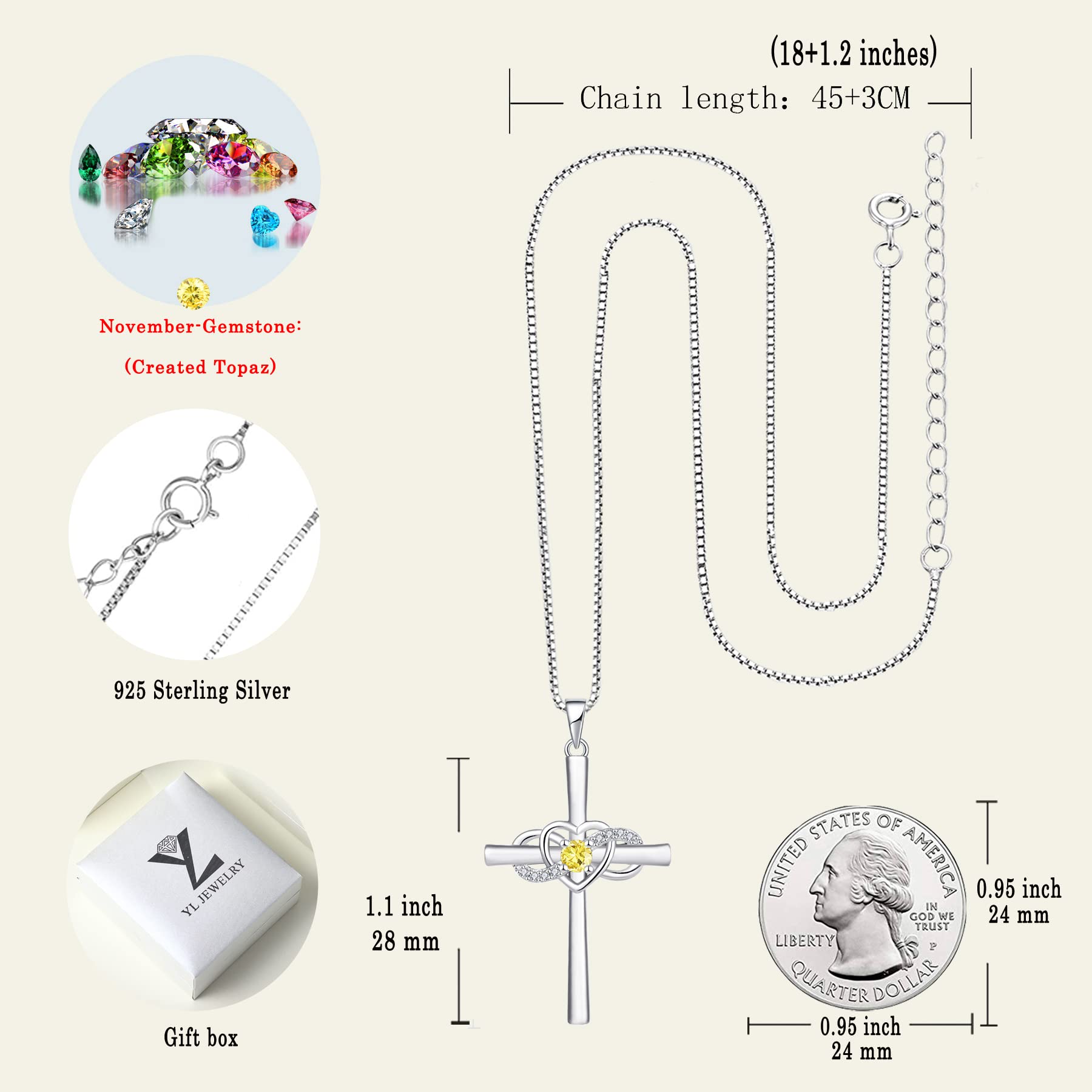 YL Sterling Silver Infinity Heart Cross Necklace for Women - Elegant Crucifix Pendant with Birthstone, Perfect for Gifts, Anniversaries & Everyday Wear