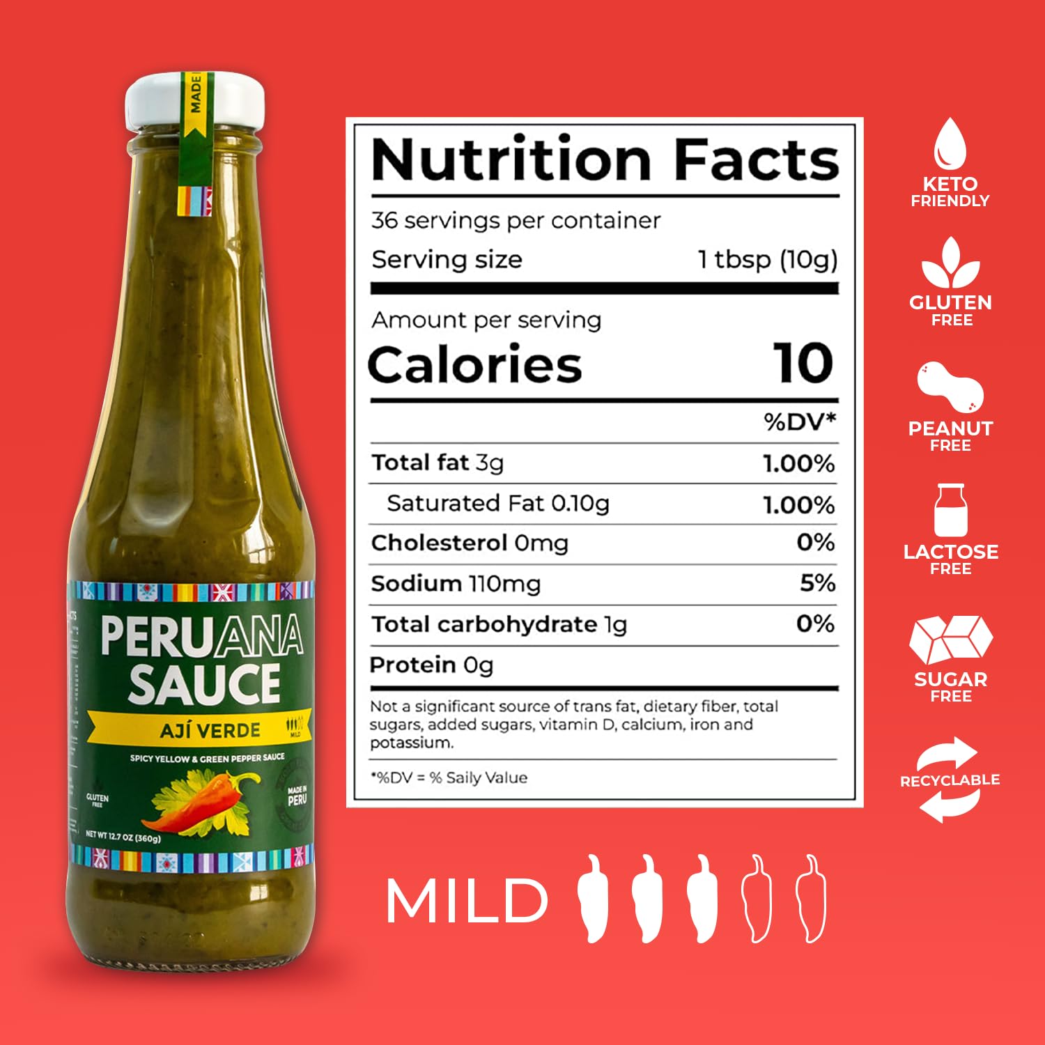 Authentic Spicy Peruvian Green Hot Sauce (Aji Verde) - 12.7 oz Glass Bottle - Made in Peru with Fresh Ingredients, No Artificial Colors, Gluten Free, Peanut Free, Lactose Free - Perfect for Tacos, Grilled Meats & Peruvian Dishes