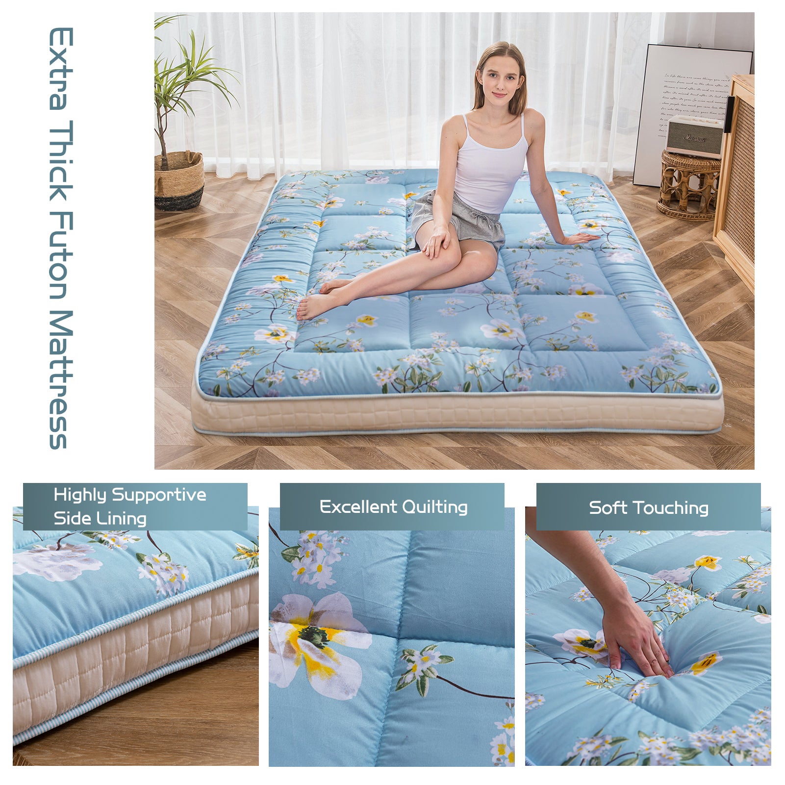 MAXYOYO Rustic Floral Korean Padded Japanese Futon Mattress - Quilted Bed Mattress Topper & Foldable Sleeping Pad for Guest Bed, Camping, Couch & Floor Lounging | Comfortable Home & Outdoor Use