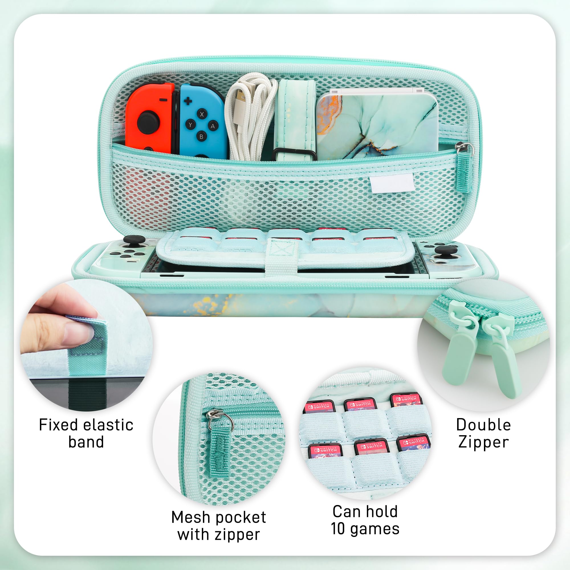 Premium Hard Shell Travel Case for Nintendo Switch OLED - Green Marble Protective Cover with Screen Protector, Adjustable Shoulder Strap & 2 Thumb Grips | Durable Portable Storage Solution for Gaming On-The-Go, Travel Protection & Home Organization