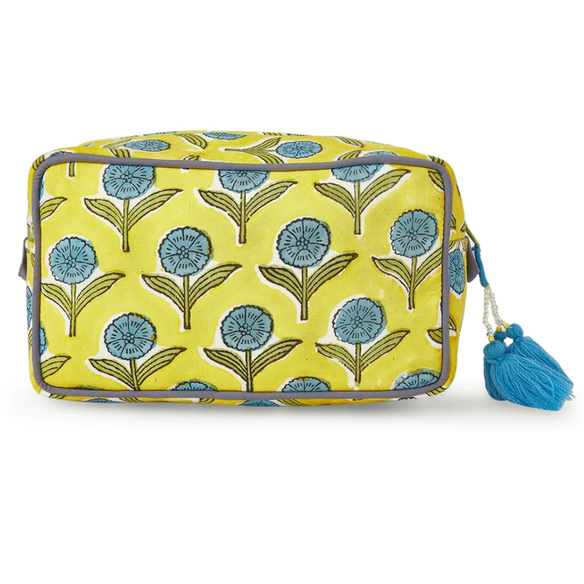 Waterproof Travel Makeup Bag for Women - Large Capacity Cosmetic Organizer with Water-Resistant Lining - Portable Toiletry Pouch & Open Cosmetic Case - Perfect for Vacation, Gym & Daily Essentials (Blue & Yellow Floral Design)