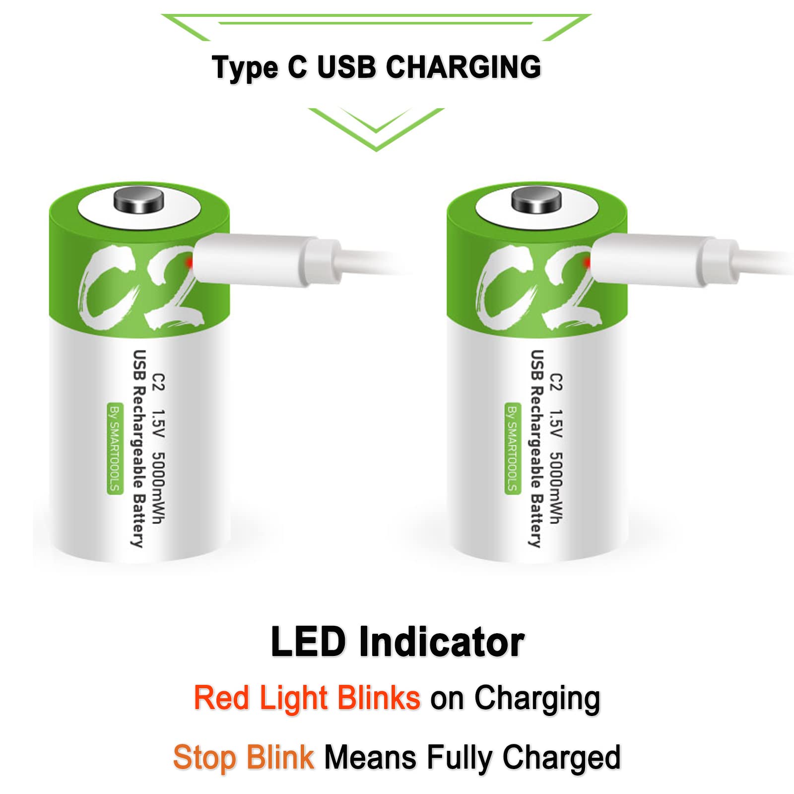 4 Pack Rechargeable C Batteries 5000mWh - 1.5V Lithium Ion C Cell Batteries with USB Type-C Charging for Flashlights, Toys, Clocks & Emergency Devices