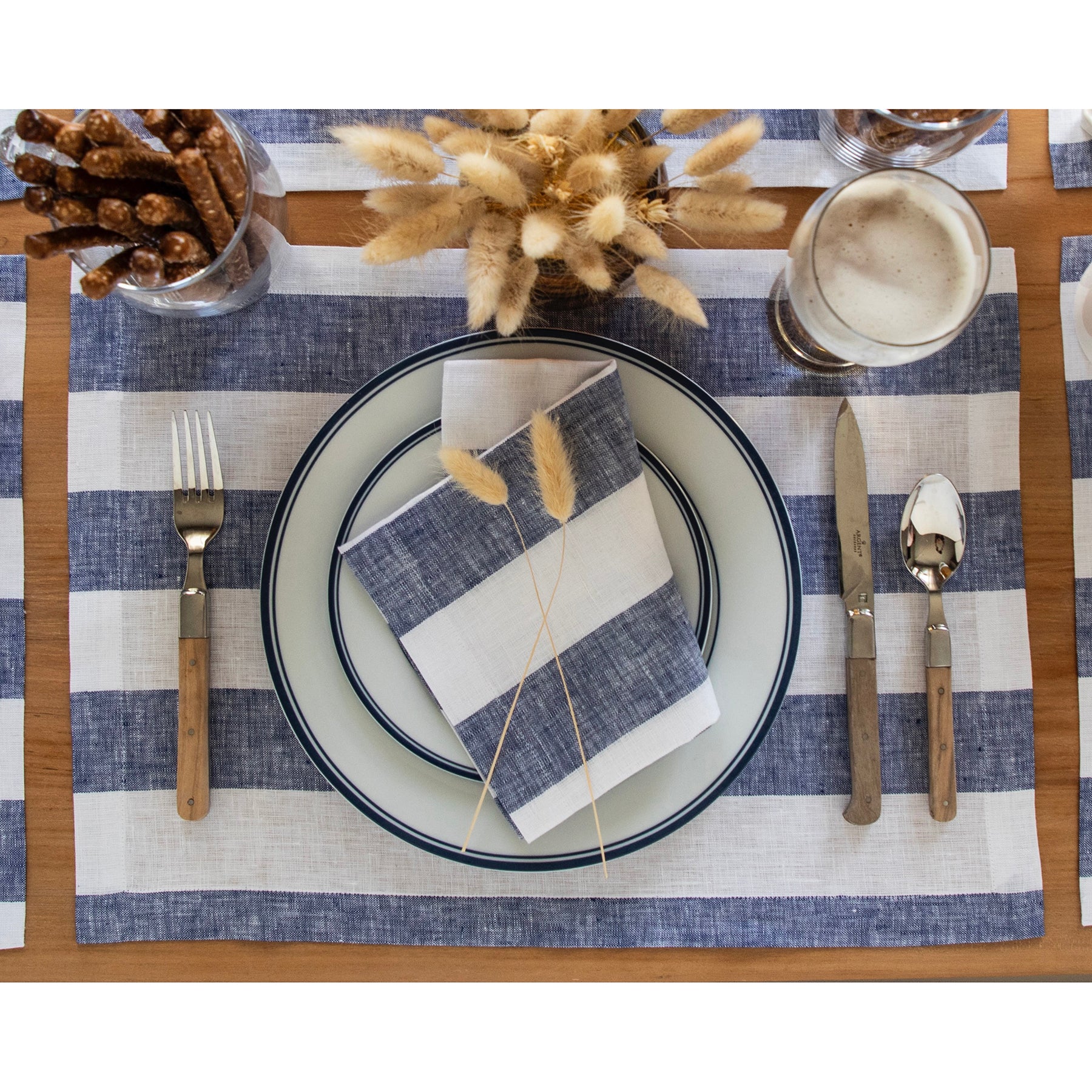 Premium Cabana Stripe Cotton Placemats Set of 4 - Waterproof & Washable Table Mats for Dining, Kitchen, and Outdoor Patio Decor