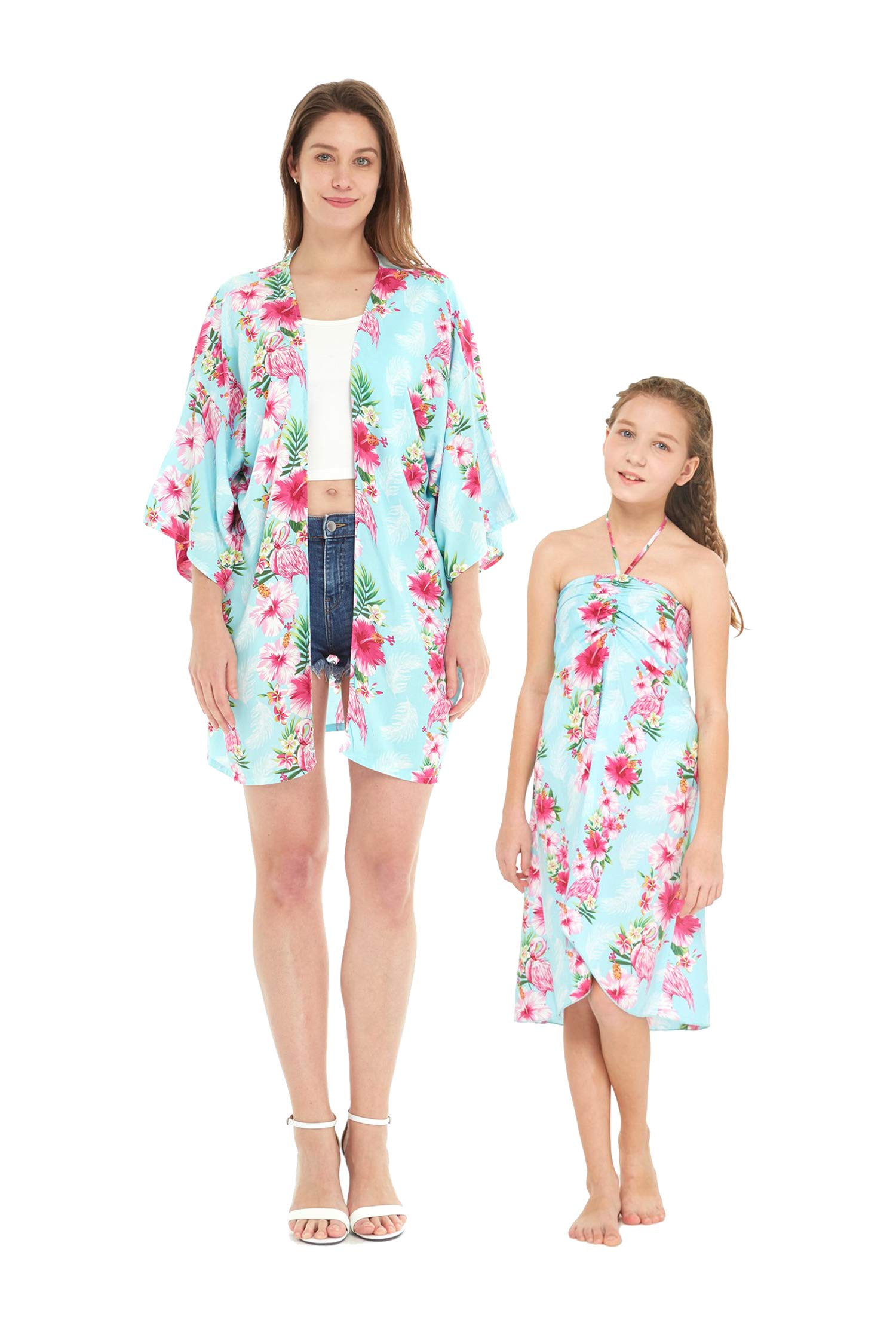 Hawaiian Luau Kimono Dress for Women & Girls - Floral Hibiscus Print Halter Dress in Pink & Turquoise | Beach Party, Summer Vacation, Mother-Daughter Matching Outfits